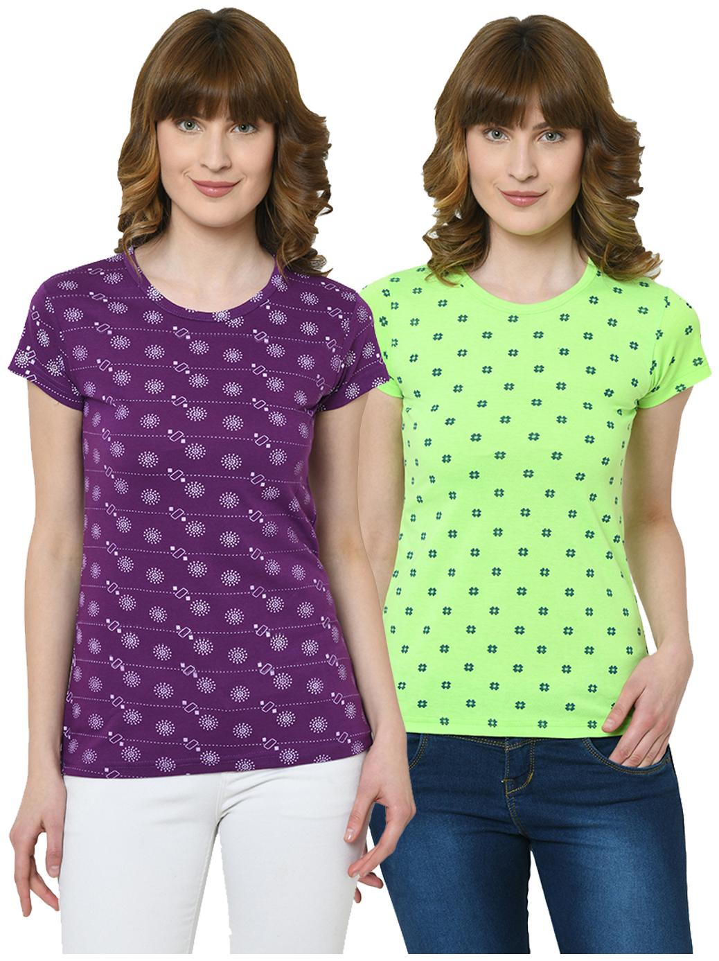 

VIMAL JONNEY Women Purple Green Regular fit Round neck Cotton T shirt