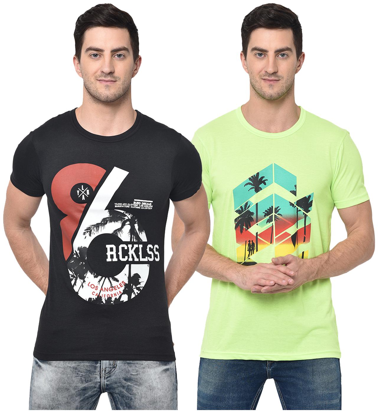 

VIMAL JONNEY Men Green Black Regular fit Cotton Blend Round neck T-Shirt - Pack Of 2