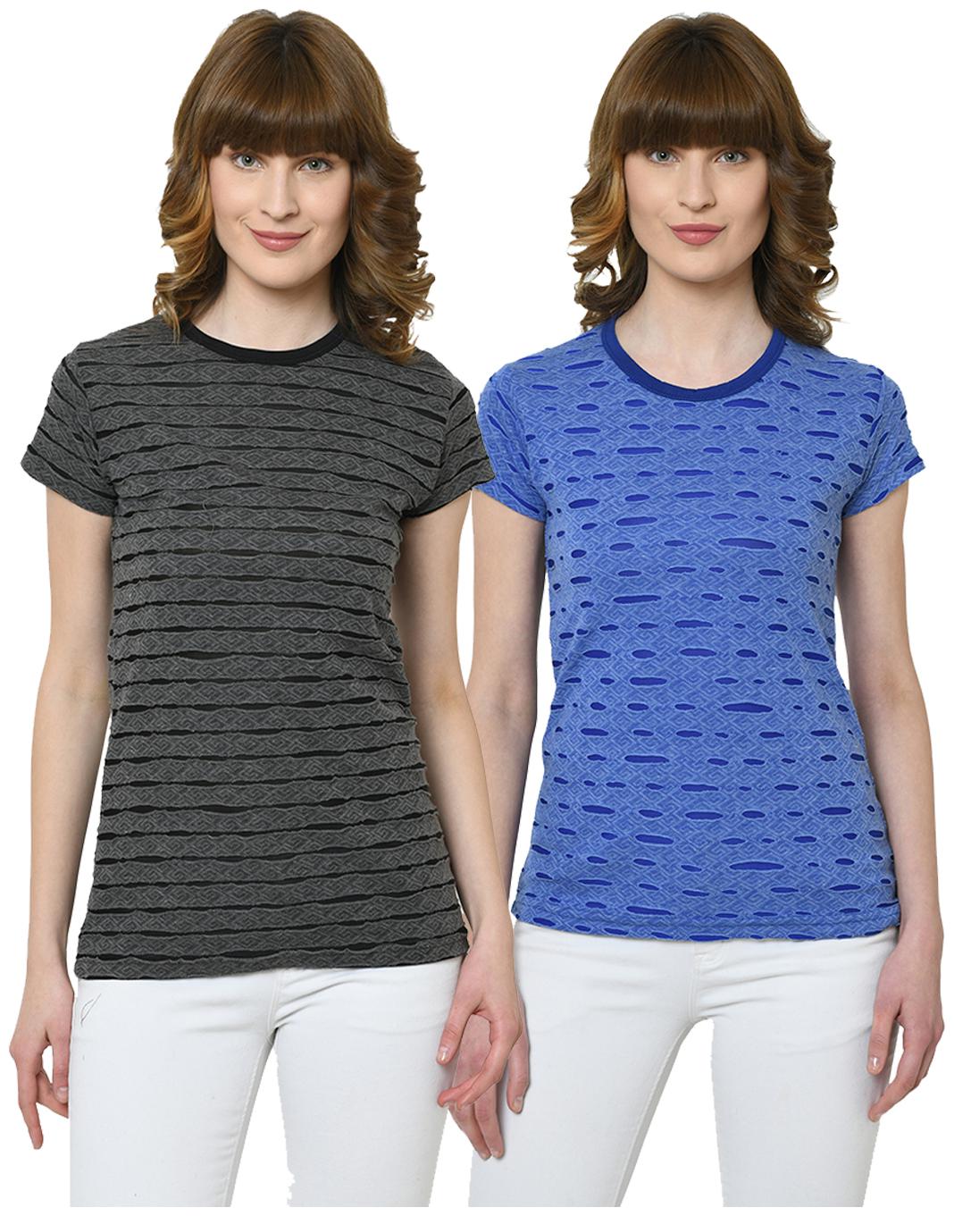 

VIMAL JONNEY Women Black Blue Regular fit Round neck Cotton T shirt