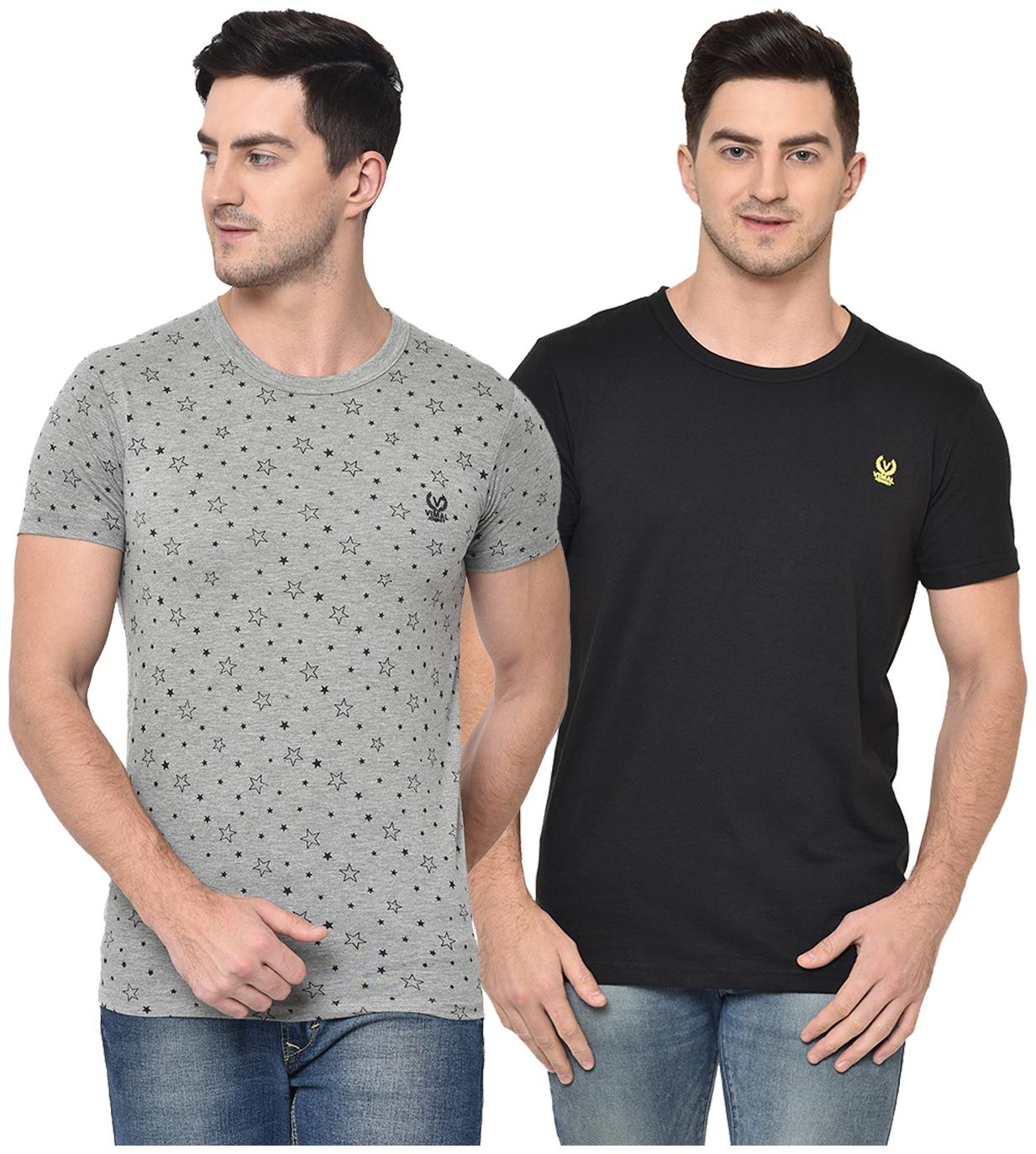 

VIMAL JONNEY Men Grey Black Regular fit Cotton Blend Round neck T-Shirt - Pack Of 2