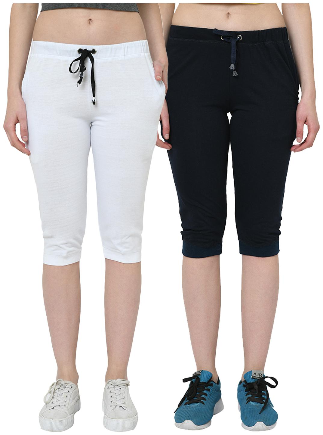 

VIMAL JONNEY Women Cotton Solid Regular Capri White Navy Blue