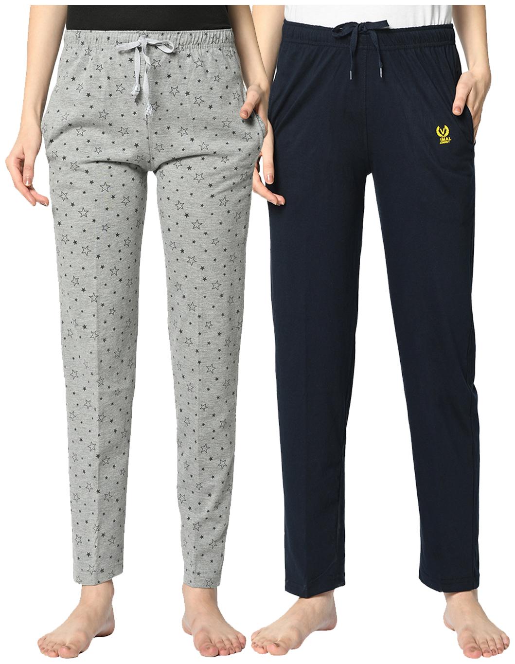 

VIMAL JONNEY Cotton Blend Printed Grey Blue Color Track Pants For Women (Pack Of 2)