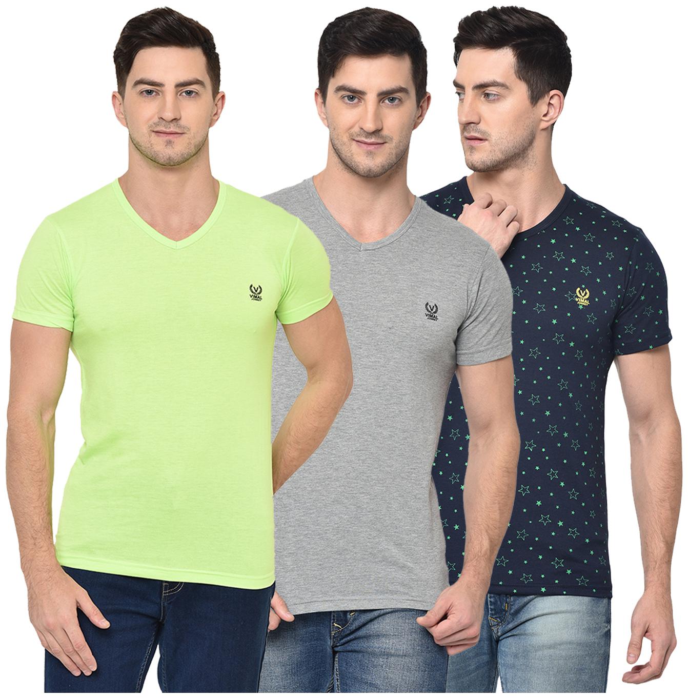 

VIMAL JONNEY Men Multi Regular fit Cotton Blend V neck T-Shirt - Pack Of 3