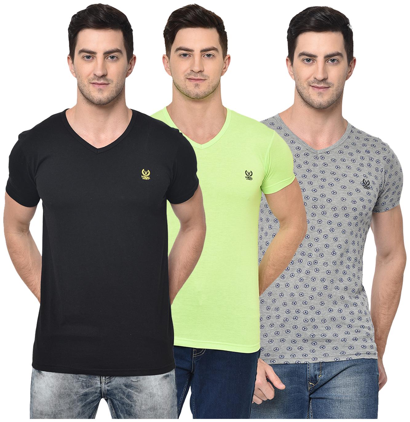 

VIMAL JONNEY Men Multi Regular fit Cotton Blend V neck T-Shirt - Pack Of 3