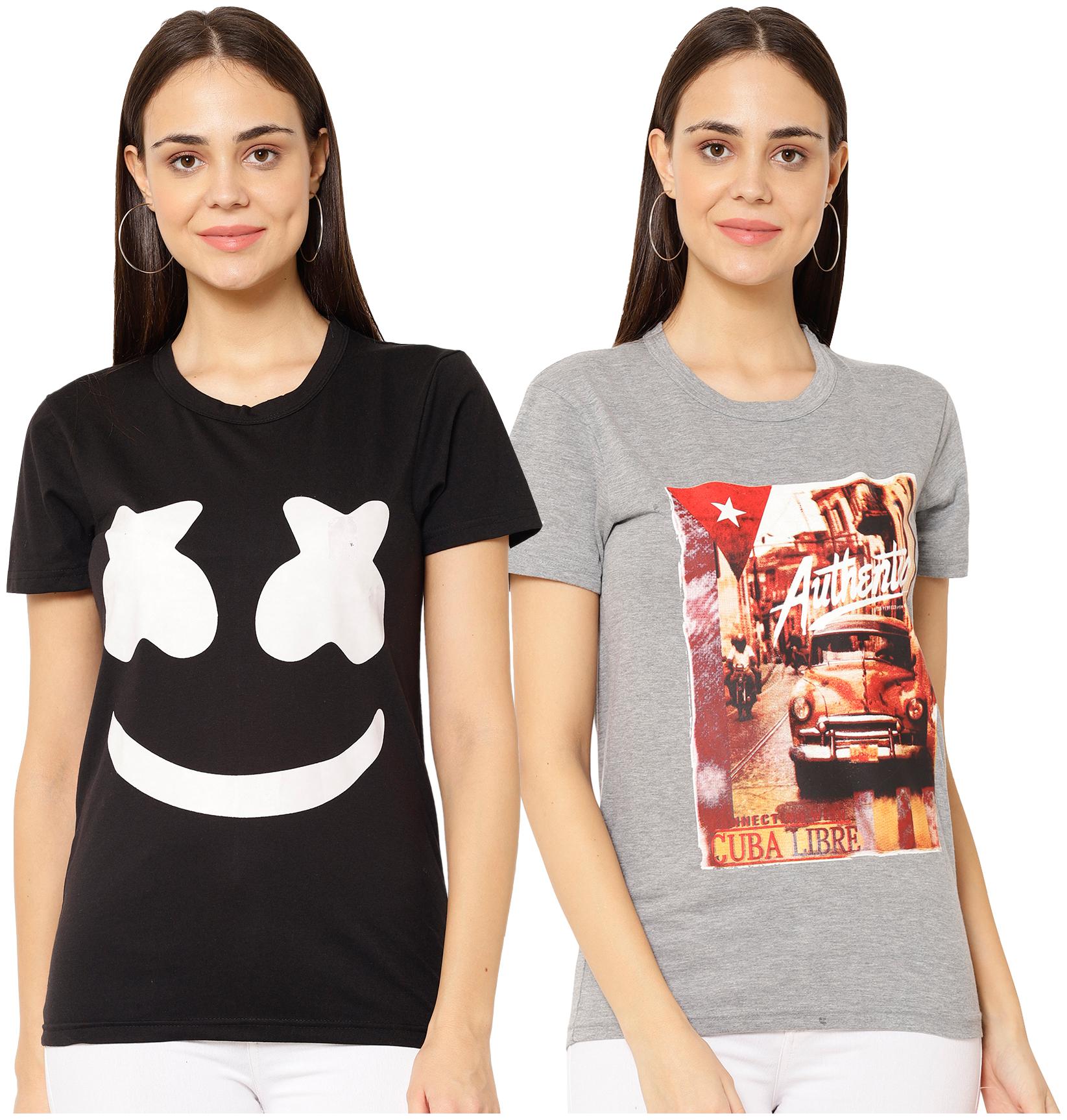 

VIMAL JONNEY Women Black Grey Regular fit Round neck Cotton blend T shirt