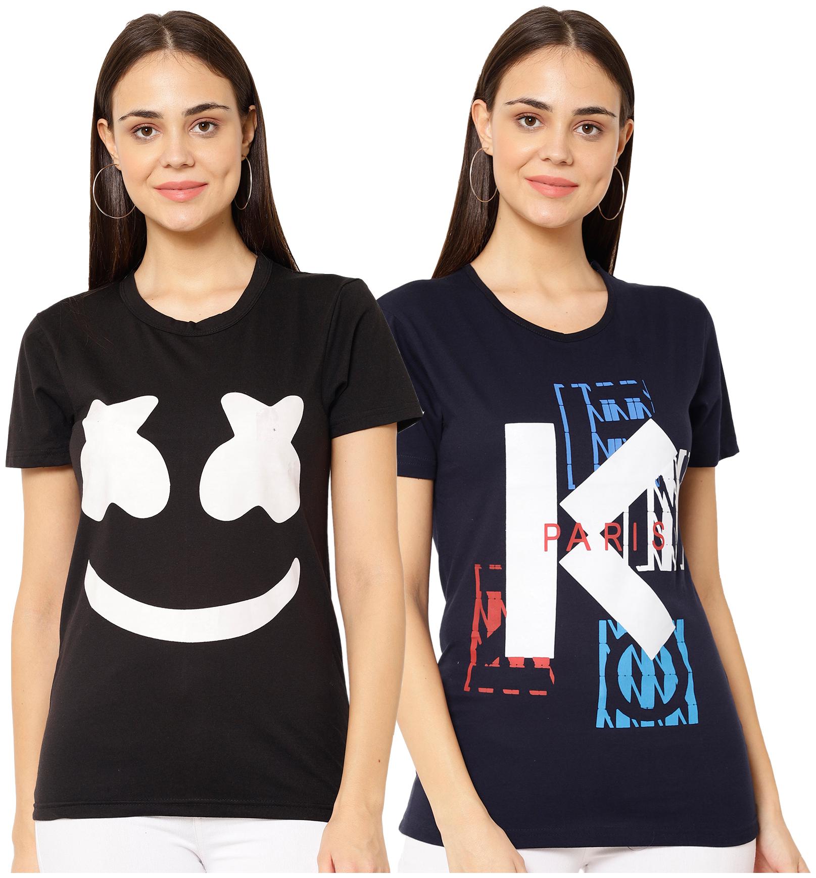 

VIMAL JONNEY Women Black Blue Regular fit Round neck Cotton blend T shirt