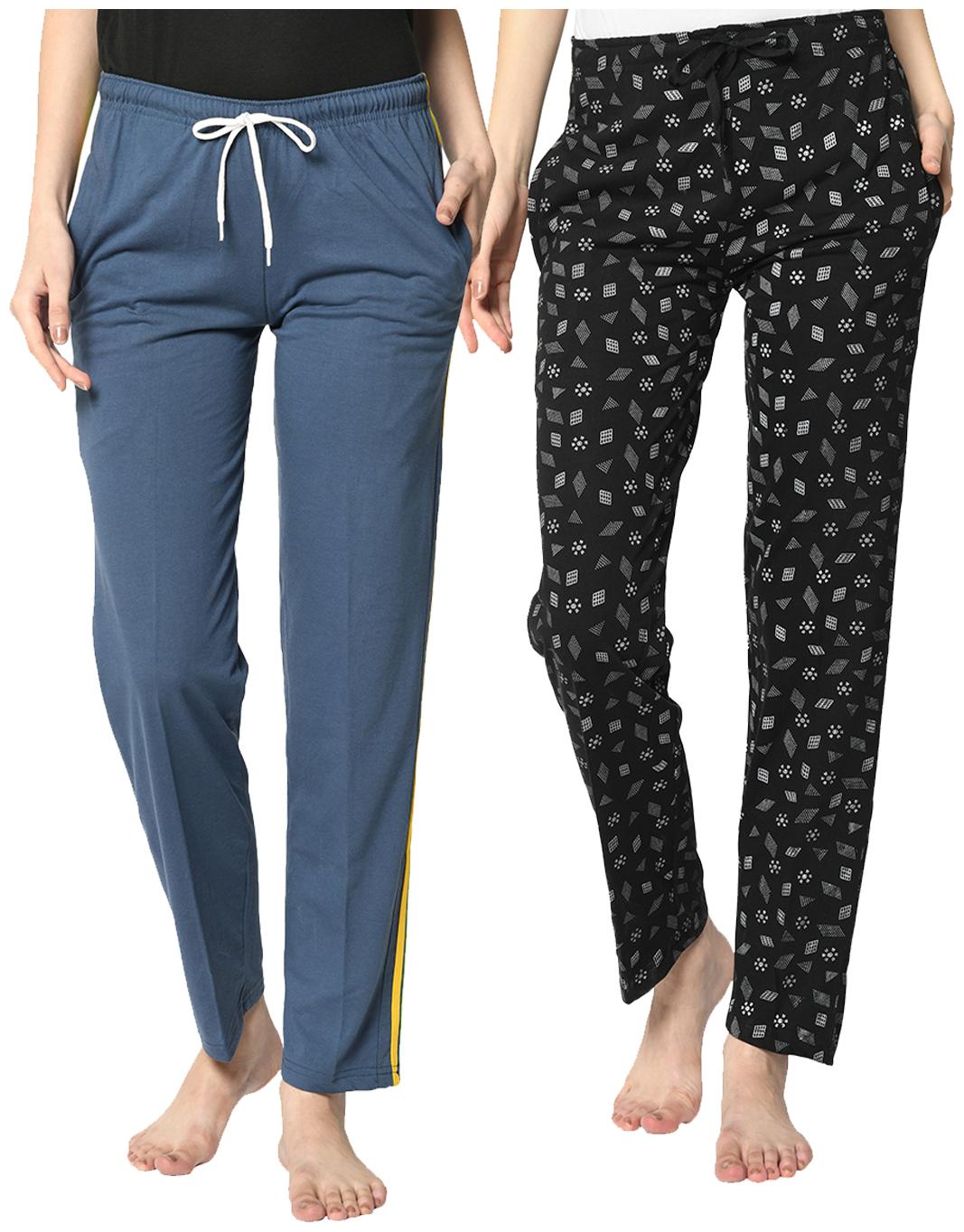 

VIMAL JONNEY Cotton Blend Printed Black Grey Color Track Pants For Women (Pack Of 2)