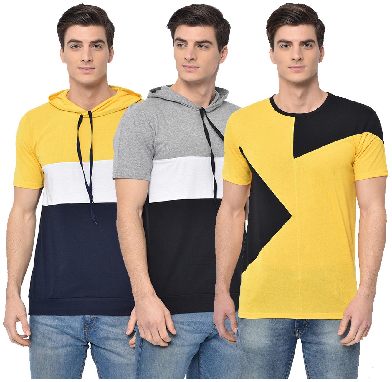

VIMAL JONNEY Men Yellow Grey Regular fit Cotton Blend Hood T-Shirt - Pack Of 3