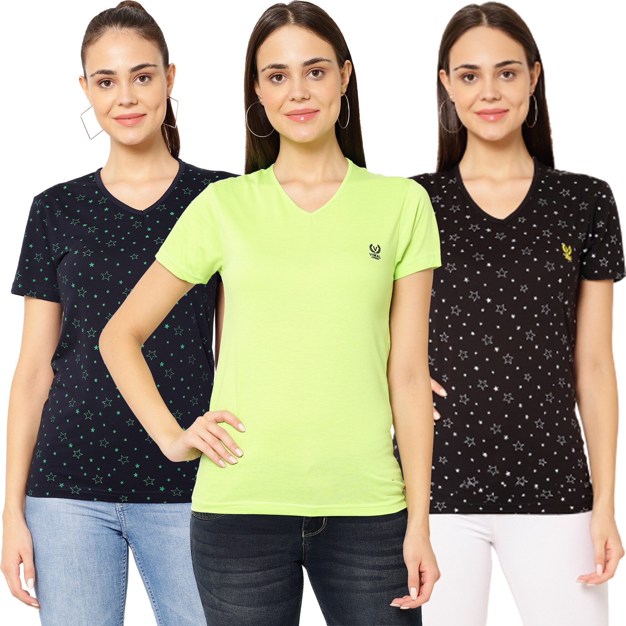 

VIMAL JONNEY Women Multi Regular fit V neck Cotton T shirt