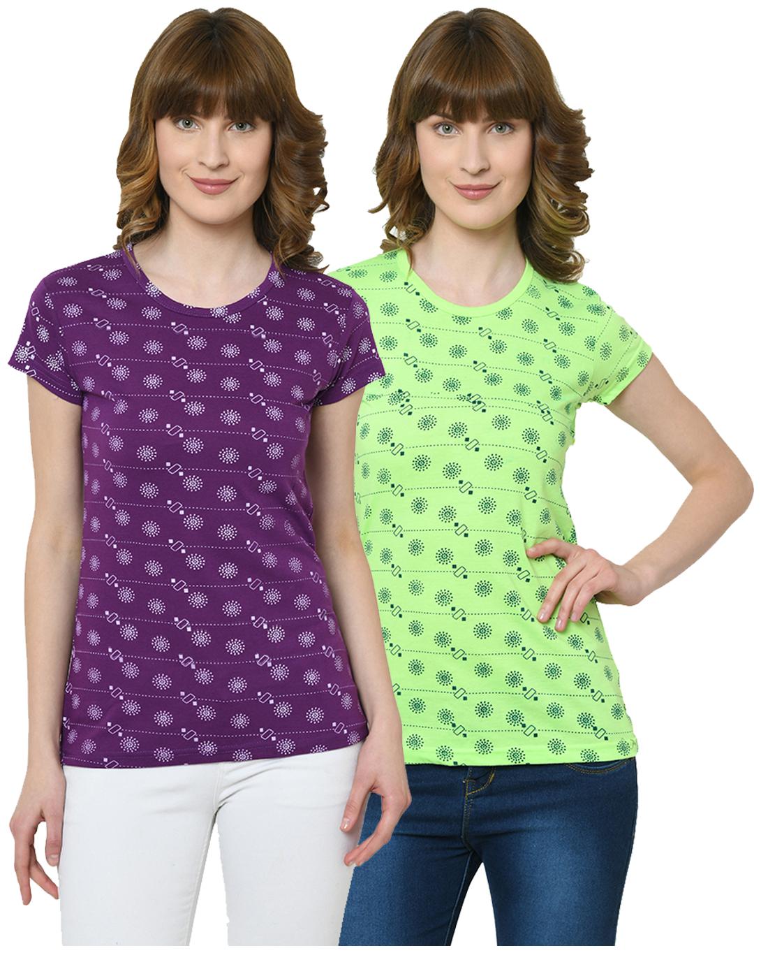

VIMAL JONNEY Women Purple Green Regular fit Round neck Cotton T shirt