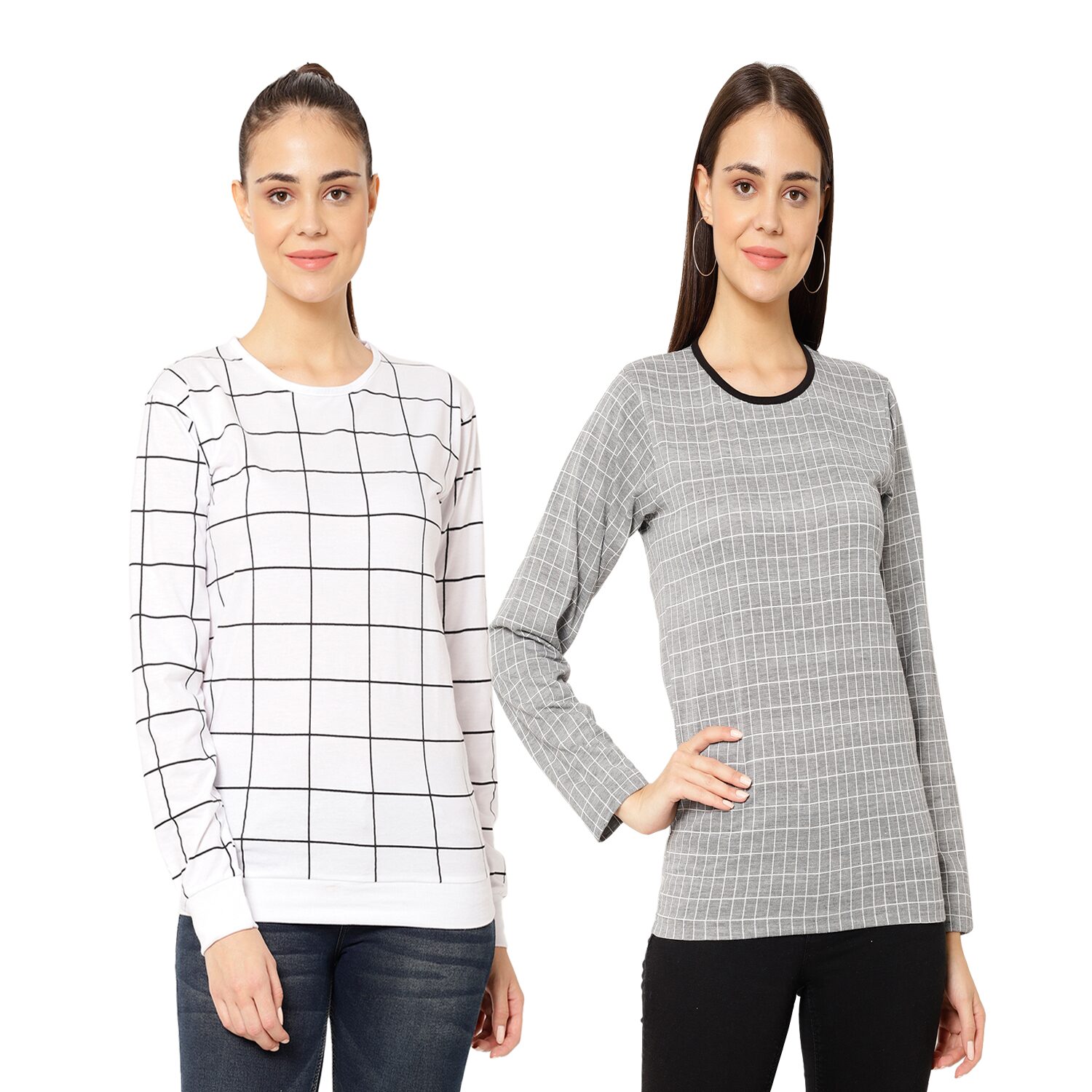 

VIMAL JONNEY Women White Grey Regular fit Round neck Cotton T shirt