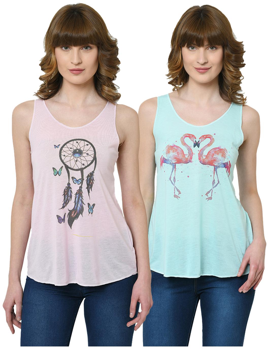 

VIMAL JONNEY Women Pink Green Regular fit U neck Polyester Tank top
