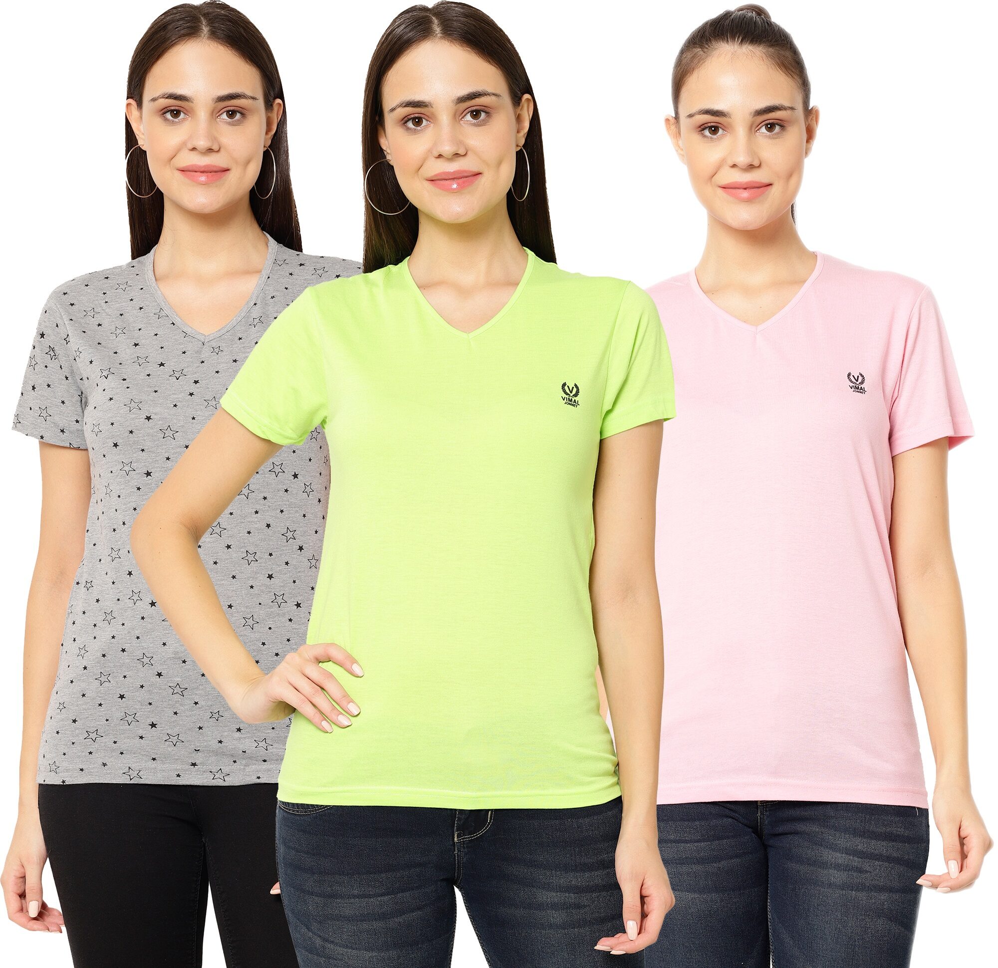 

VIMAL JONNEY Women Multi Regular fit V neck Cotton T shirt