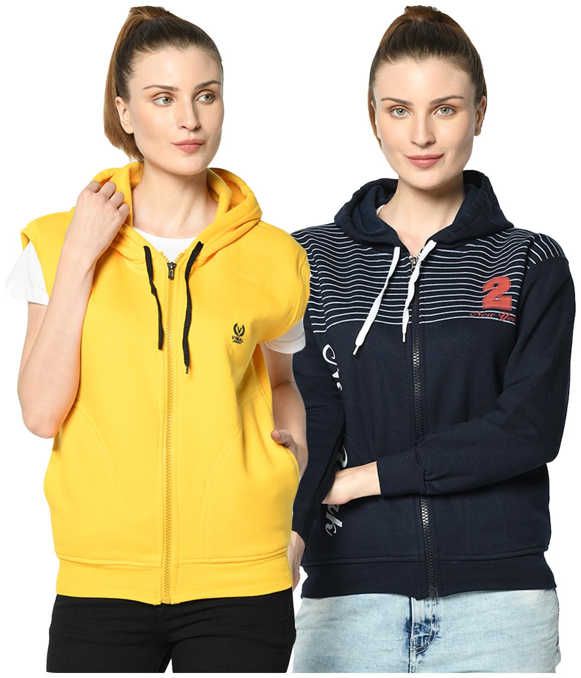 

VIMAL JONNEY Women Solid Hoodie - Blue Yellow