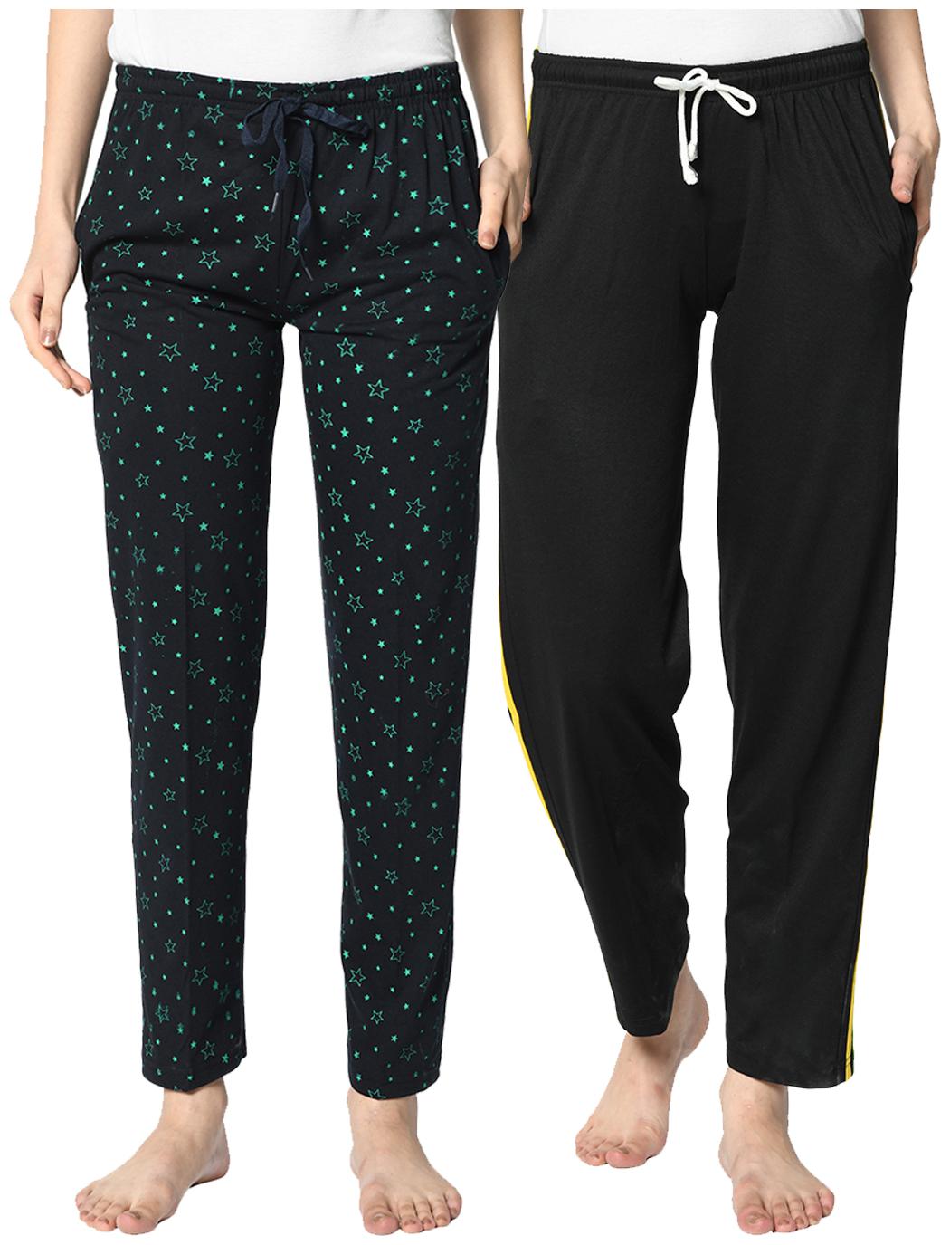 

VIMAL JONNEY Cotton Blend Printed Blue Black Color Track Pants For Women (Pack Of 2)
