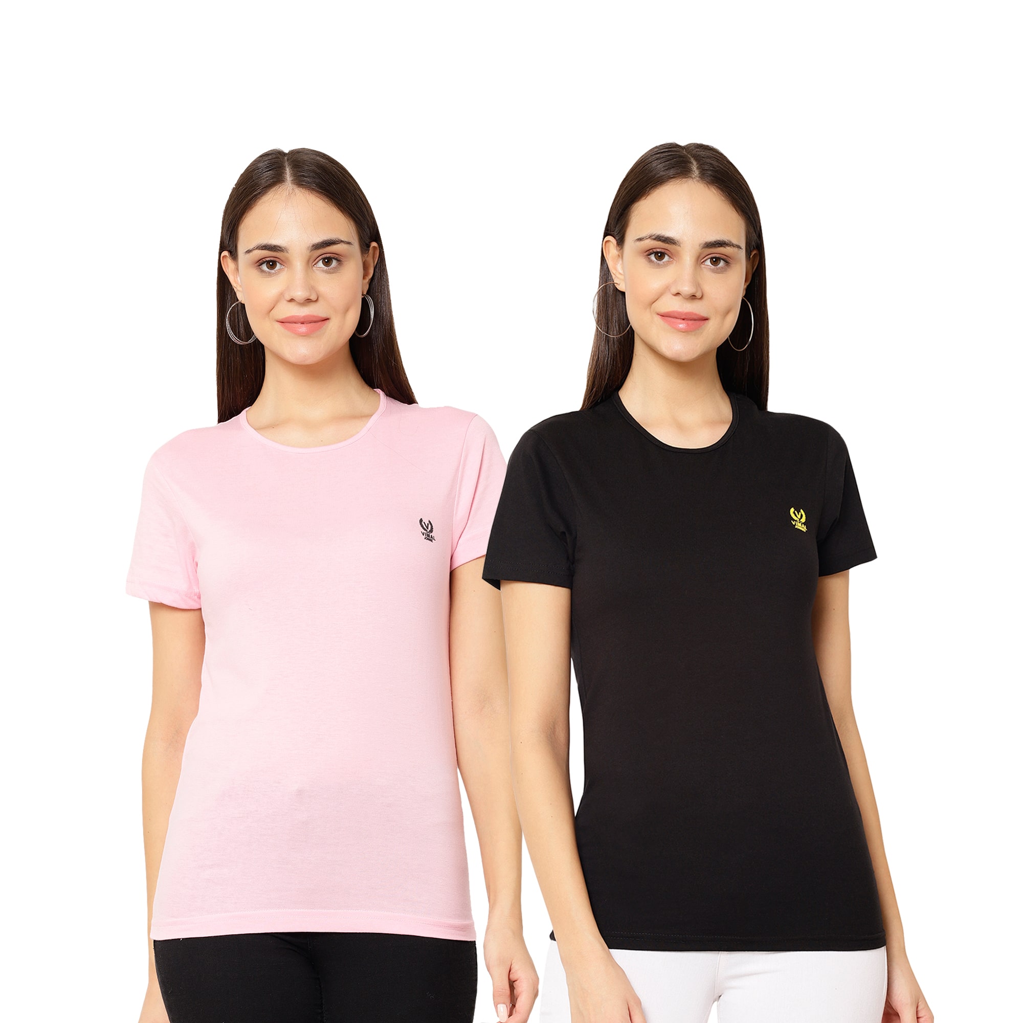 

VIMAL JONNEY Women Black Pink Regular fit Round neck Cotton T shirt