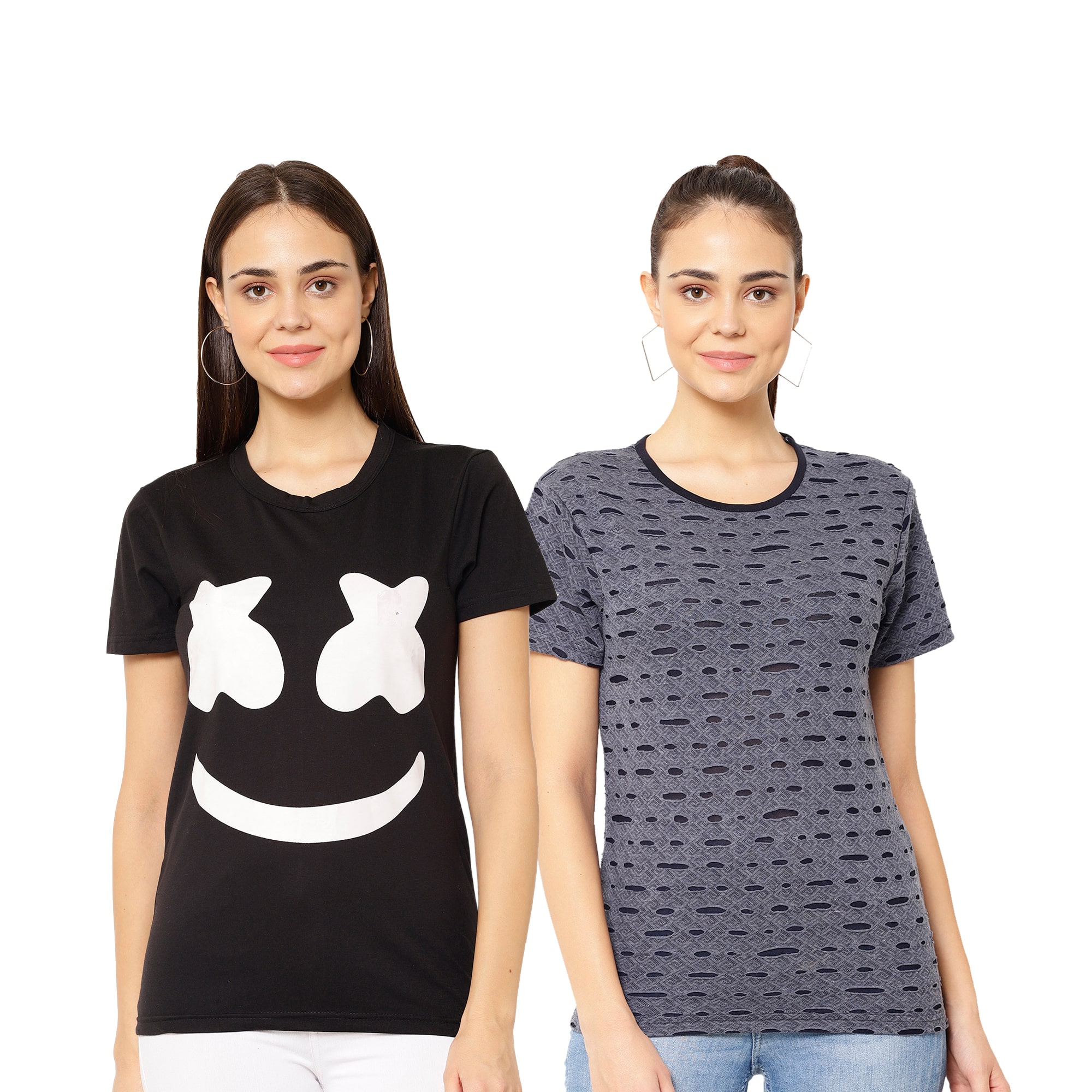 

VIMAL JONNEY Women Black Blue Regular fit Round neck Cotton blend T shirt
