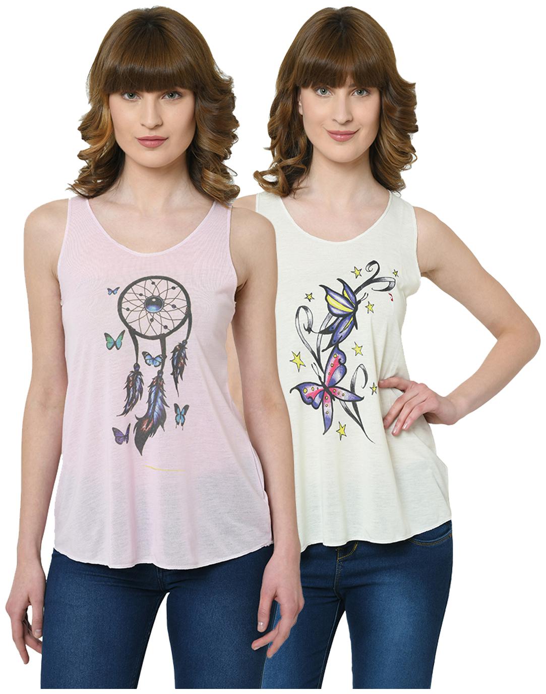 

VIMAL JONNEY Women Pink Cream Regular fit U neck Polyester Tank top