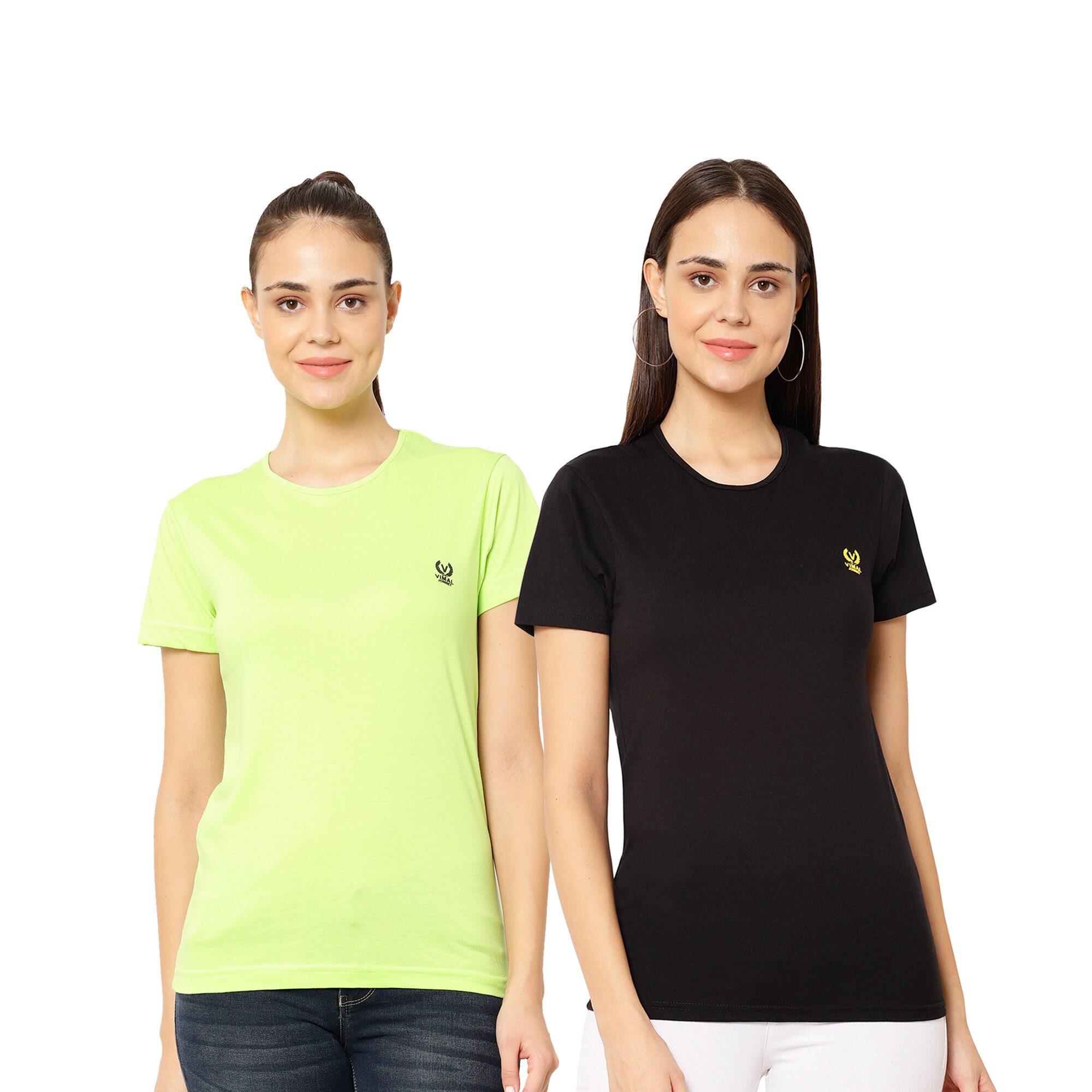 

VIMAL JONNEY Women Black Green Regular fit Round neck Cotton T shirt