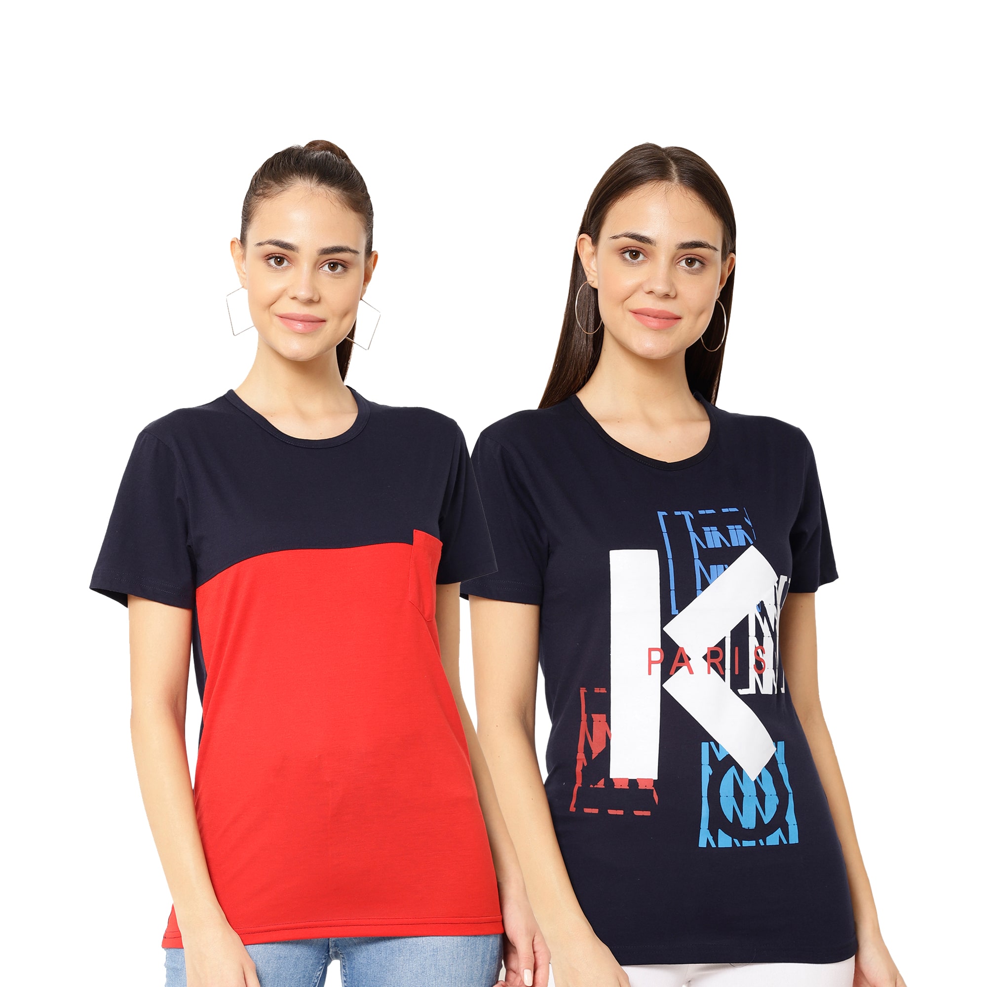 

VIMAL JONNEY Women Red Blue Regular fit Round neck Cotton blend T shirt