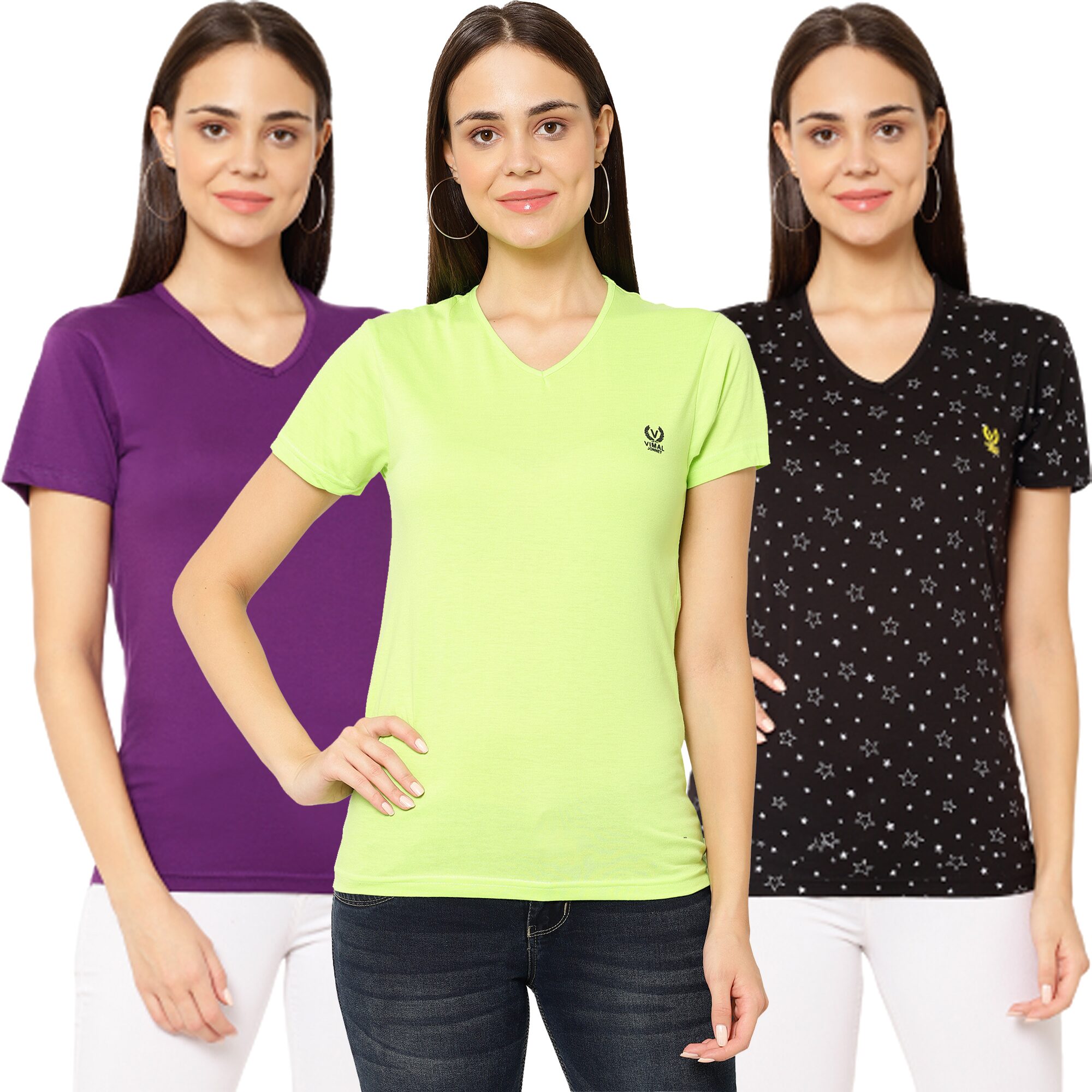 

VIMAL JONNEY Women Multi Regular fit V neck Cotton T shirt