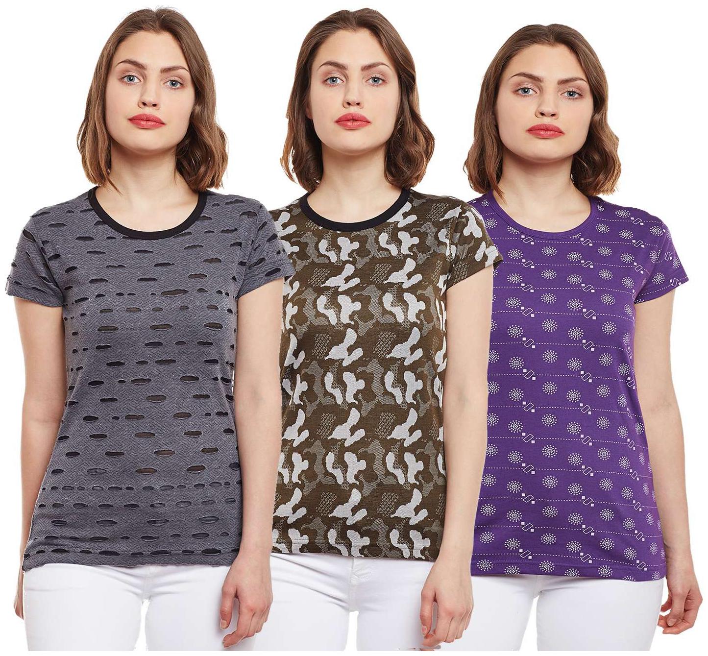 

VIMAL JONNEY Women Multi Regular fit Round neck Cotton T shirt