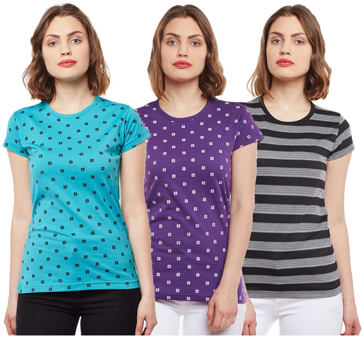 

VIMAL JONNEY Women Multi Regular fit Round neck Cotton T shirt