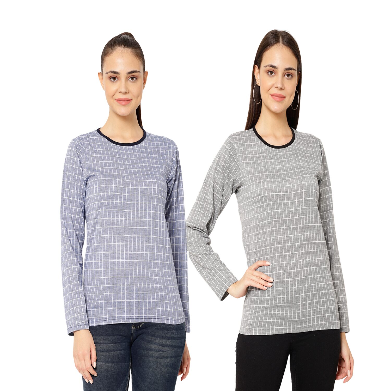 

VIMAL JONNEY Women Blue Grey Regular fit Round neck Cotton T shirt