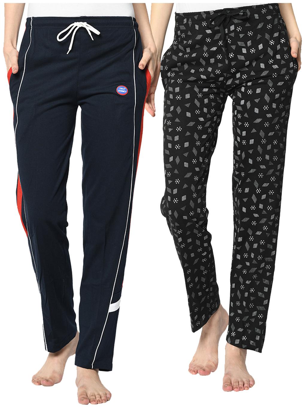 

VIMAL JONNEY Cotton Blend Solid Blue Black Color Track Pants For Women (Pack Of 2)