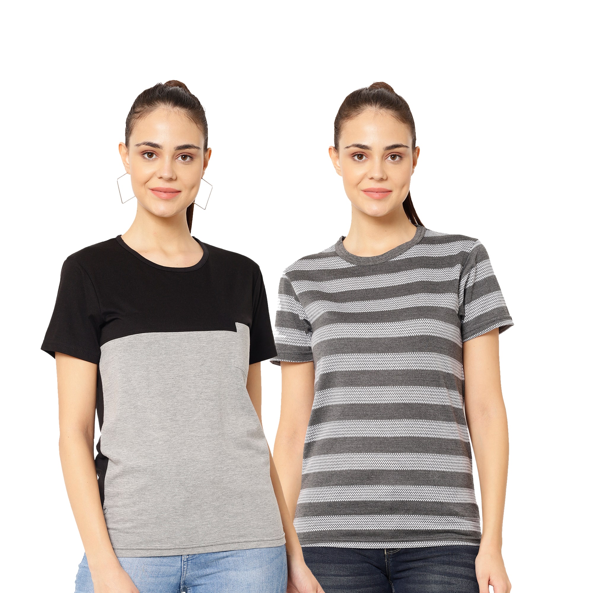 

VIMAL JONNEY Women Grey Black Regular fit Round neck Cotton blend T shirt