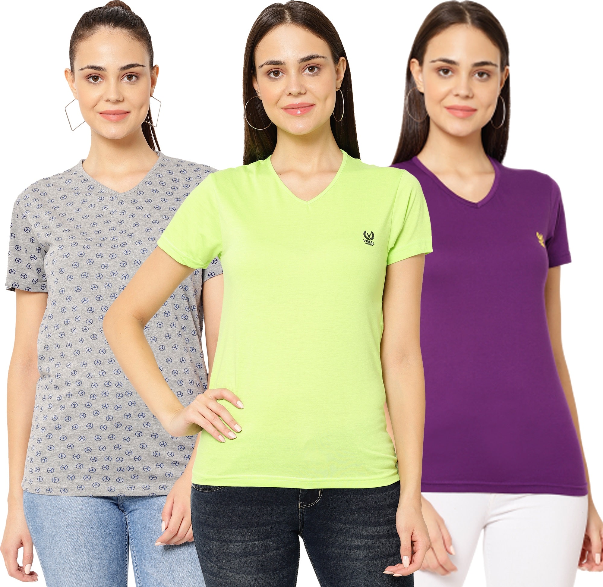 

VIMAL JONNEY Women Multi Regular fit V neck Cotton T shirt