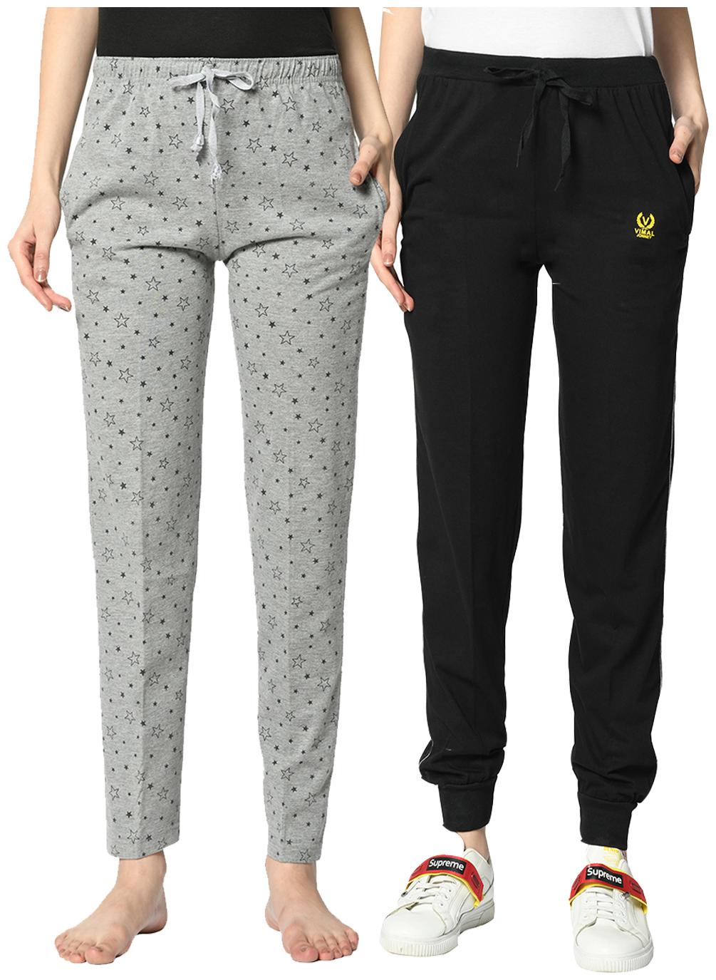 

VIMAL JONNEY Cotton Blend Printed Grey Black Color Track Pants For Women (Pack Of 2)