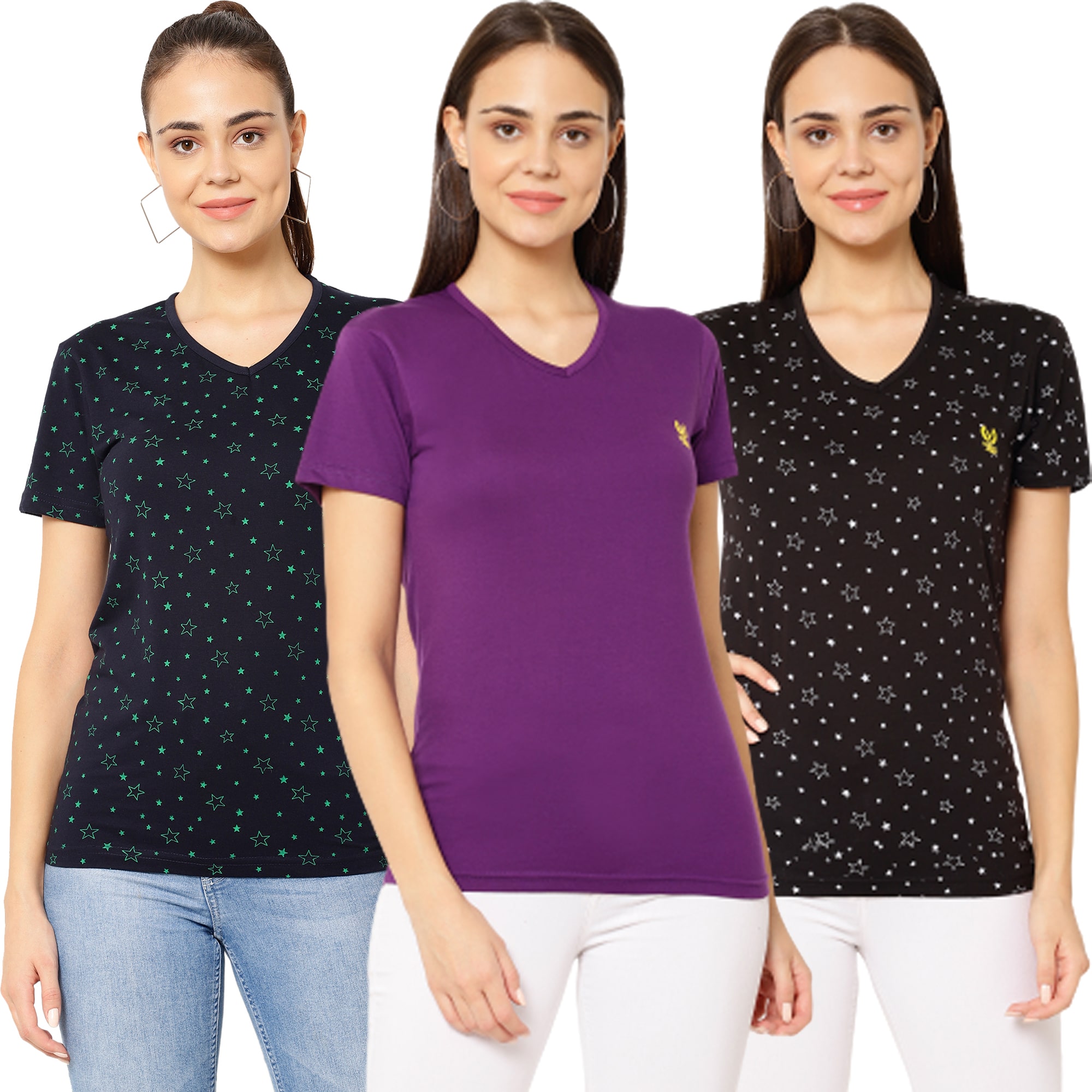 

VIMAL JONNEY Women Multi Regular fit V neck Cotton T shirt
