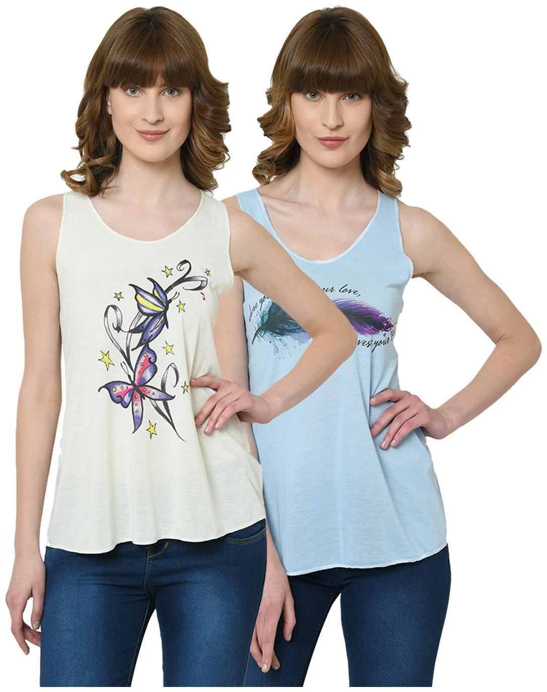 

VIMAL JONNEY Women Cream Blue Regular fit U neck Polyester Tank top
