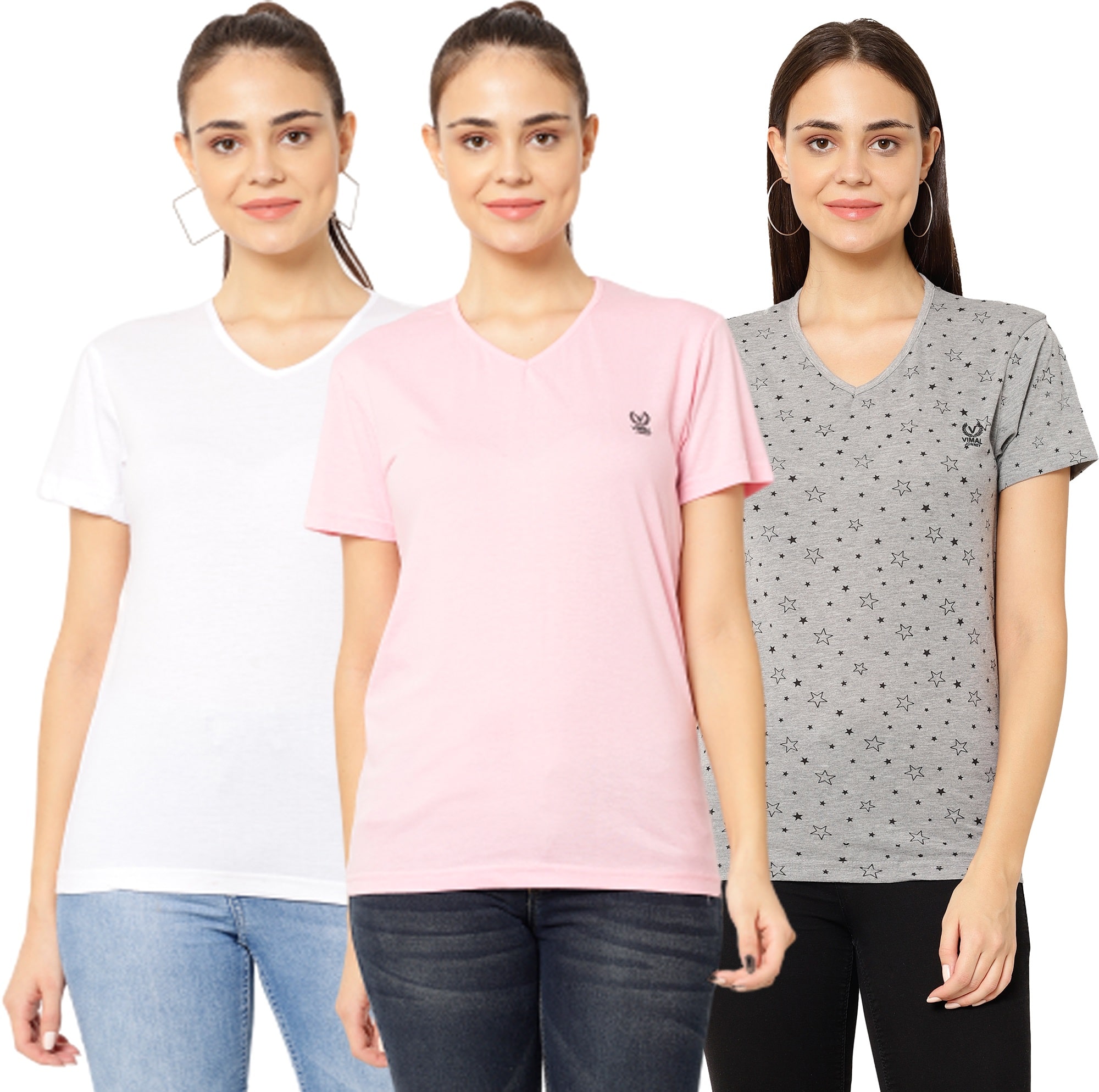 

VIMAL JONNEY Women Multi Regular fit V neck Cotton T shirt