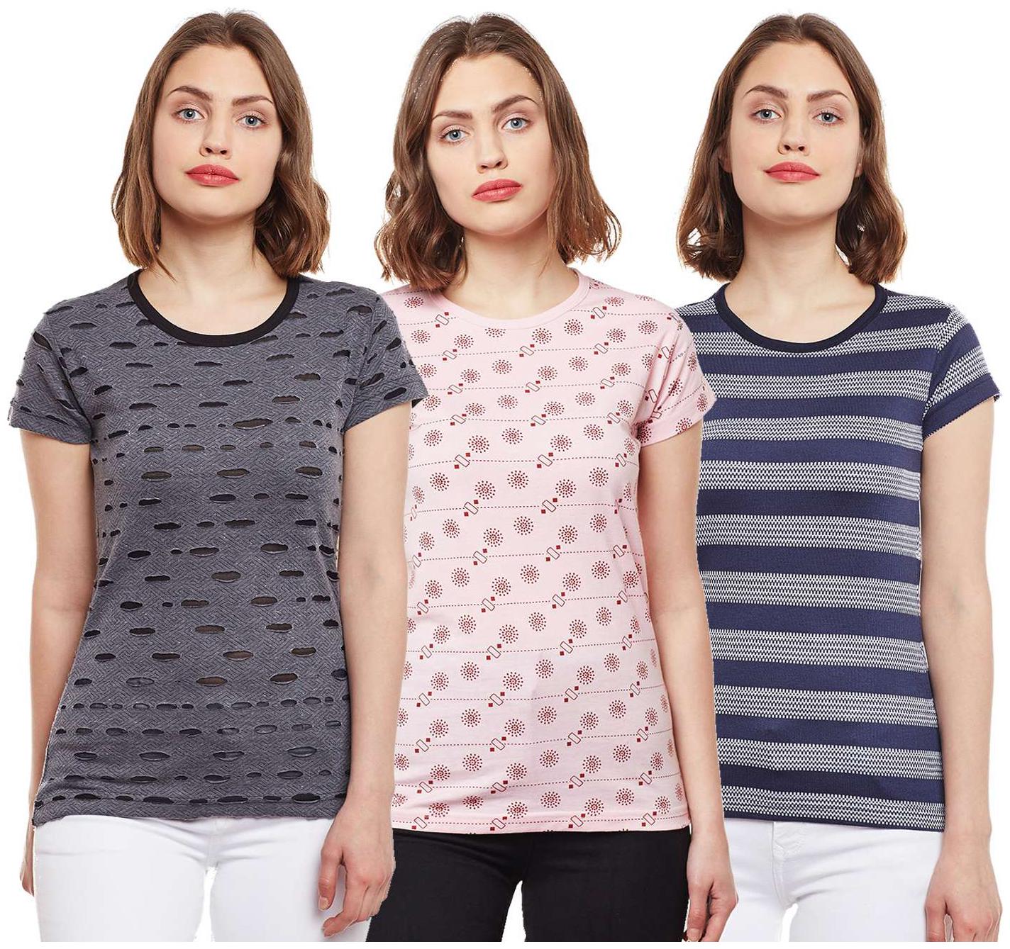 

VIMAL JONNEY Women Multi Regular fit Round neck Cotton T shirt