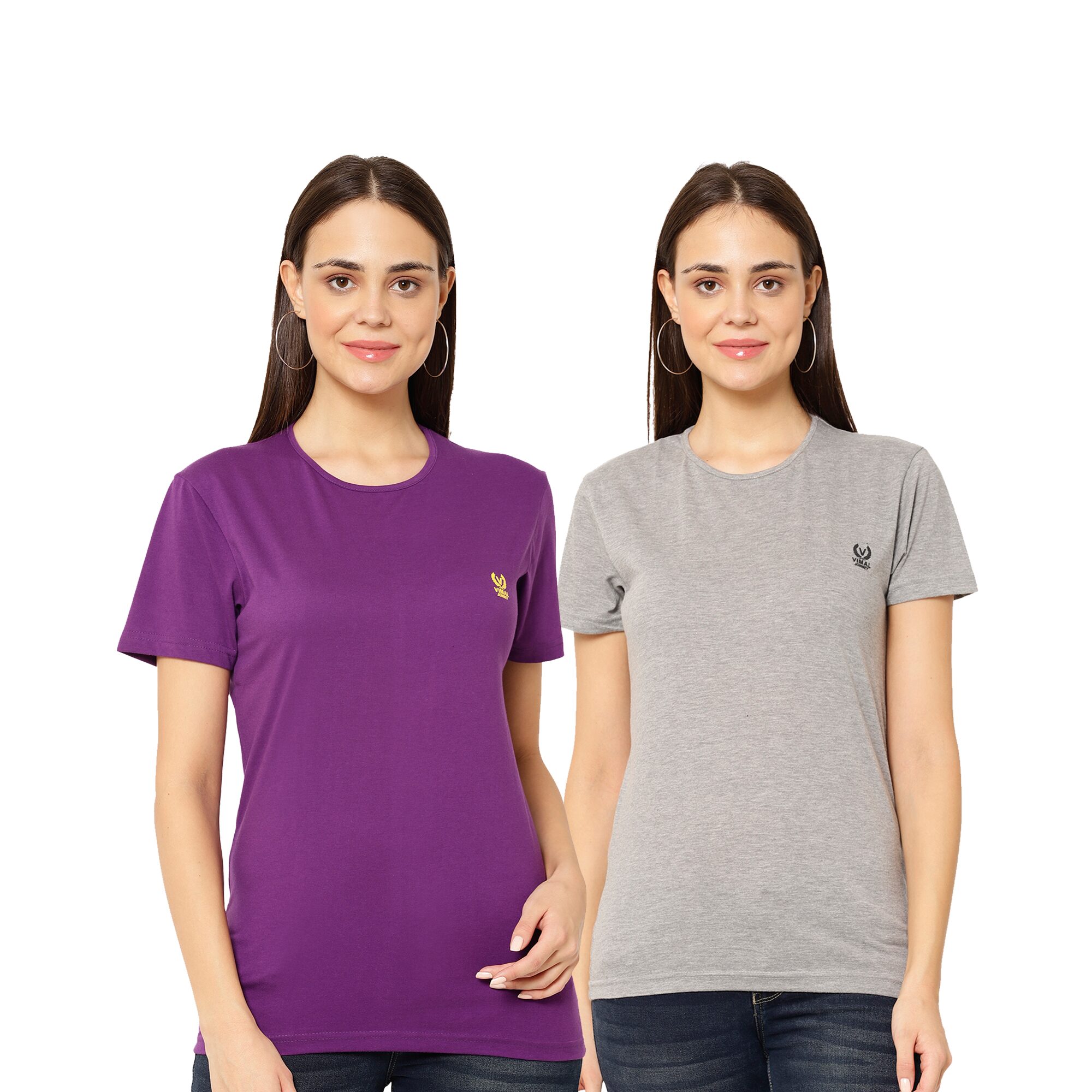 

VIMAL JONNEY Women Purple Grey Regular fit Round neck Cotton T shirt
