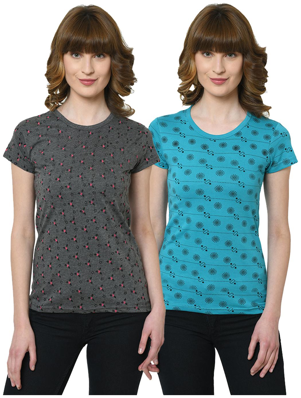 

VIMAL JONNEY Women Grey Blue Regular fit Round neck Cotton T shirt