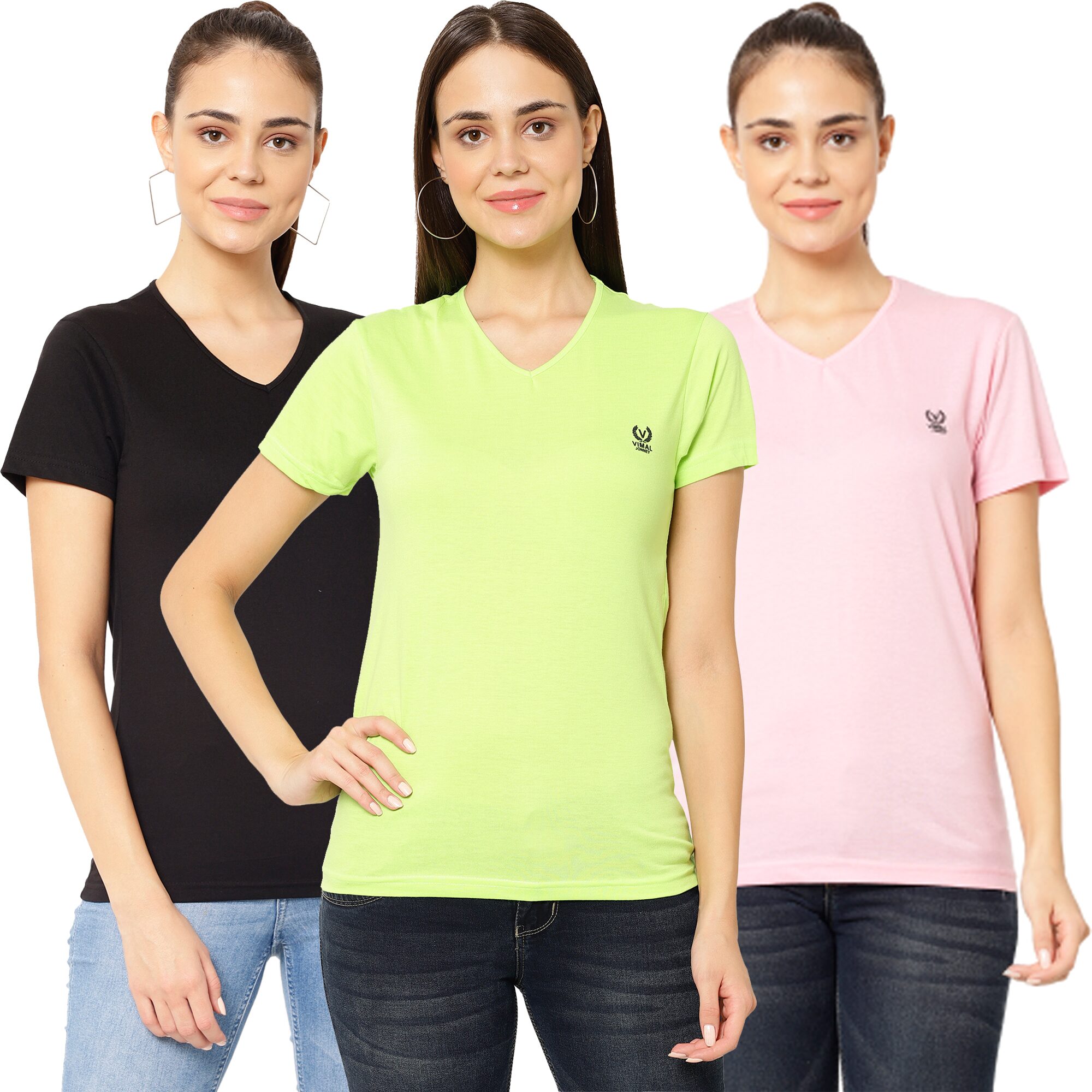 

VIMAL JONNEY Women Multi Regular fit V neck Cotton T shirt