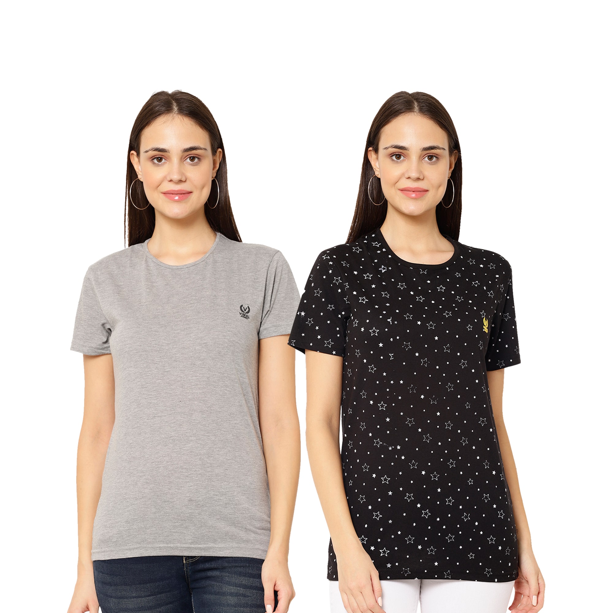 

VIMAL JONNEY Women Black Grey Regular fit Round neck Cotton T shirt
