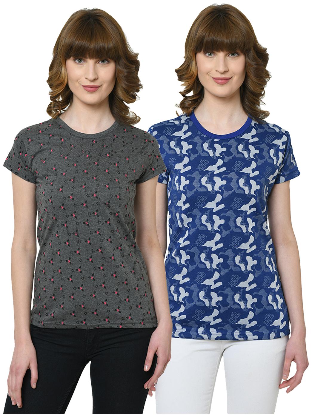 

VIMAL JONNEY Women Grey Blue Regular fit Round neck Cotton T shirt