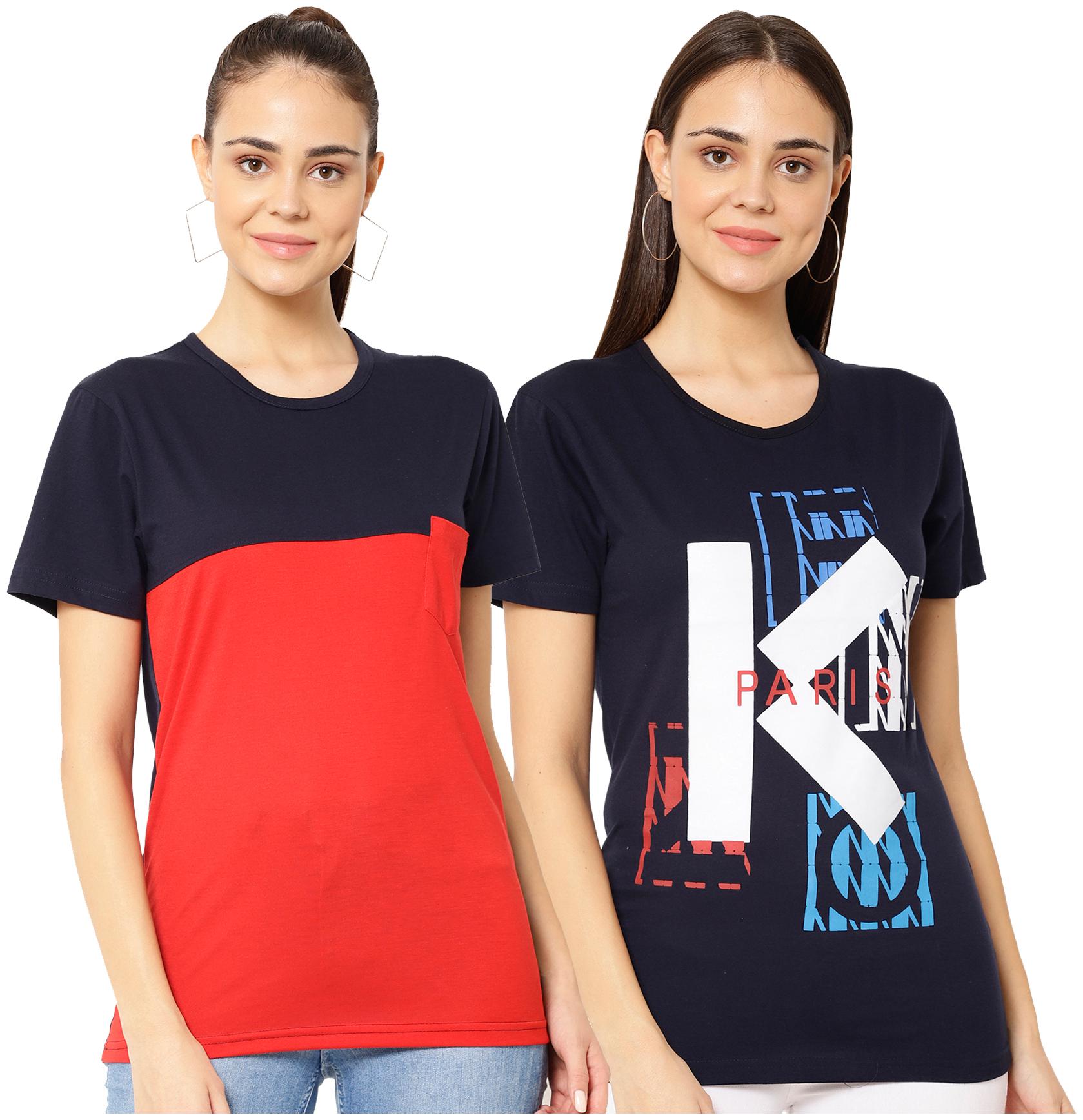 

VIMAL JONNEY Cotton Blend Printed Half Sleeves Red Navy Blue Color T-Shirt For Women (Pack Of 2)