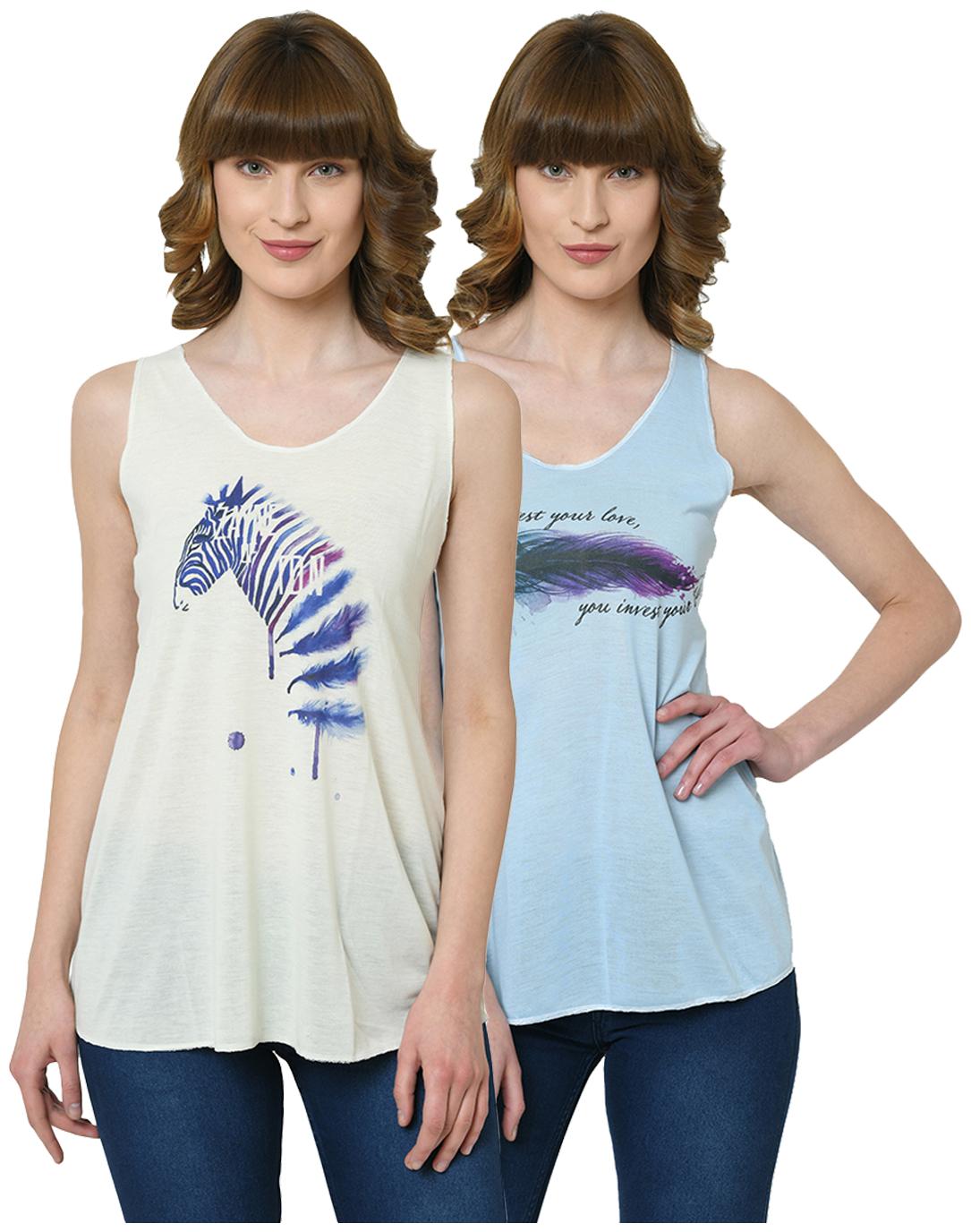 

VIMAL JONNEY Women Cream Blue Regular fit U neck Polyester Tank top