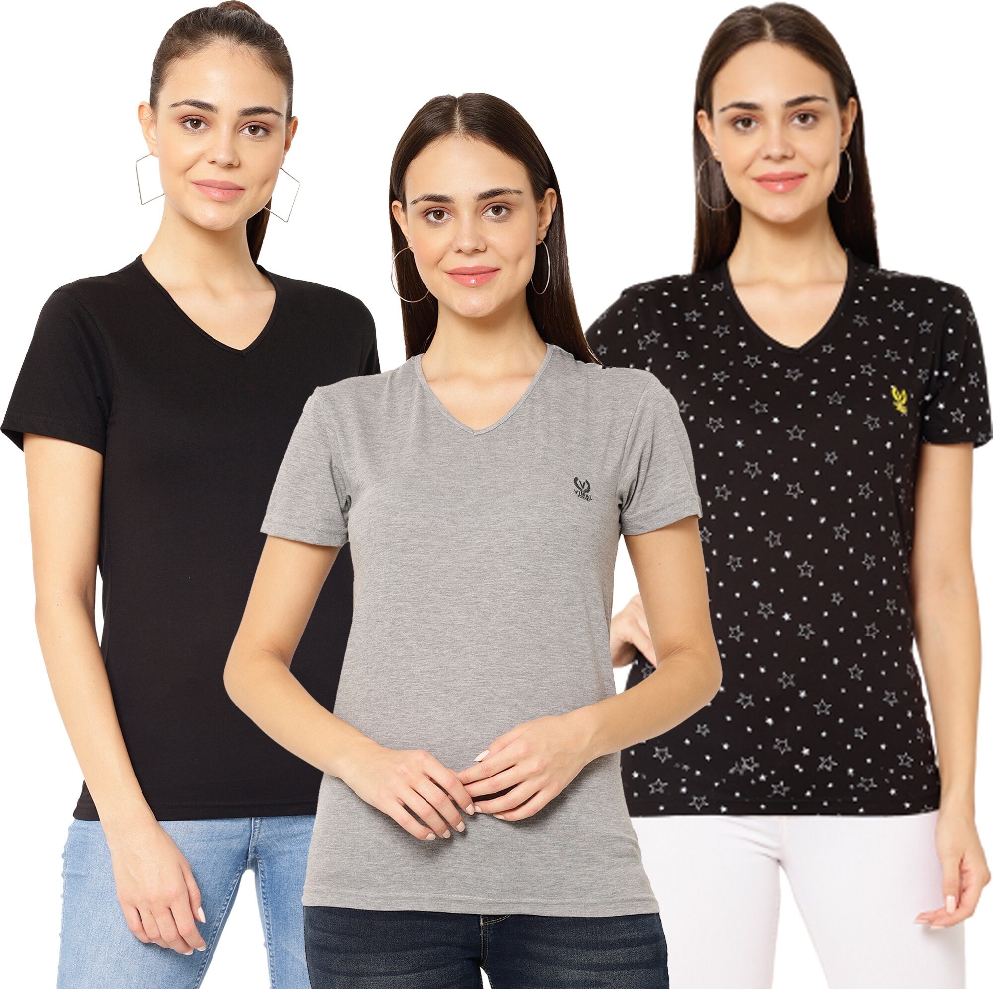 

VIMAL JONNEY Women Black Grey Regular fit V neck Cotton T shirt