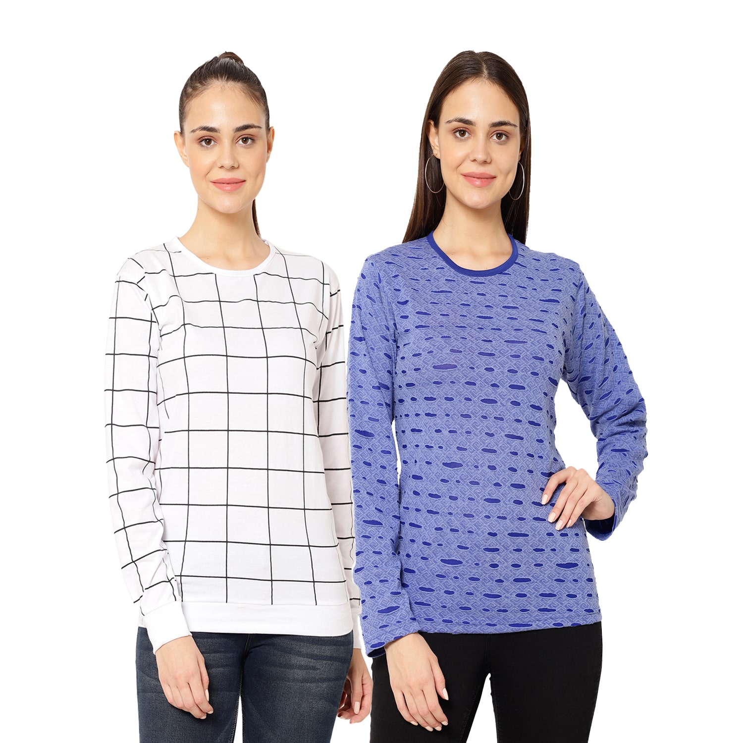 

VIMAL JONNEY Women White Blue Regular fit Round neck Cotton T shirt
