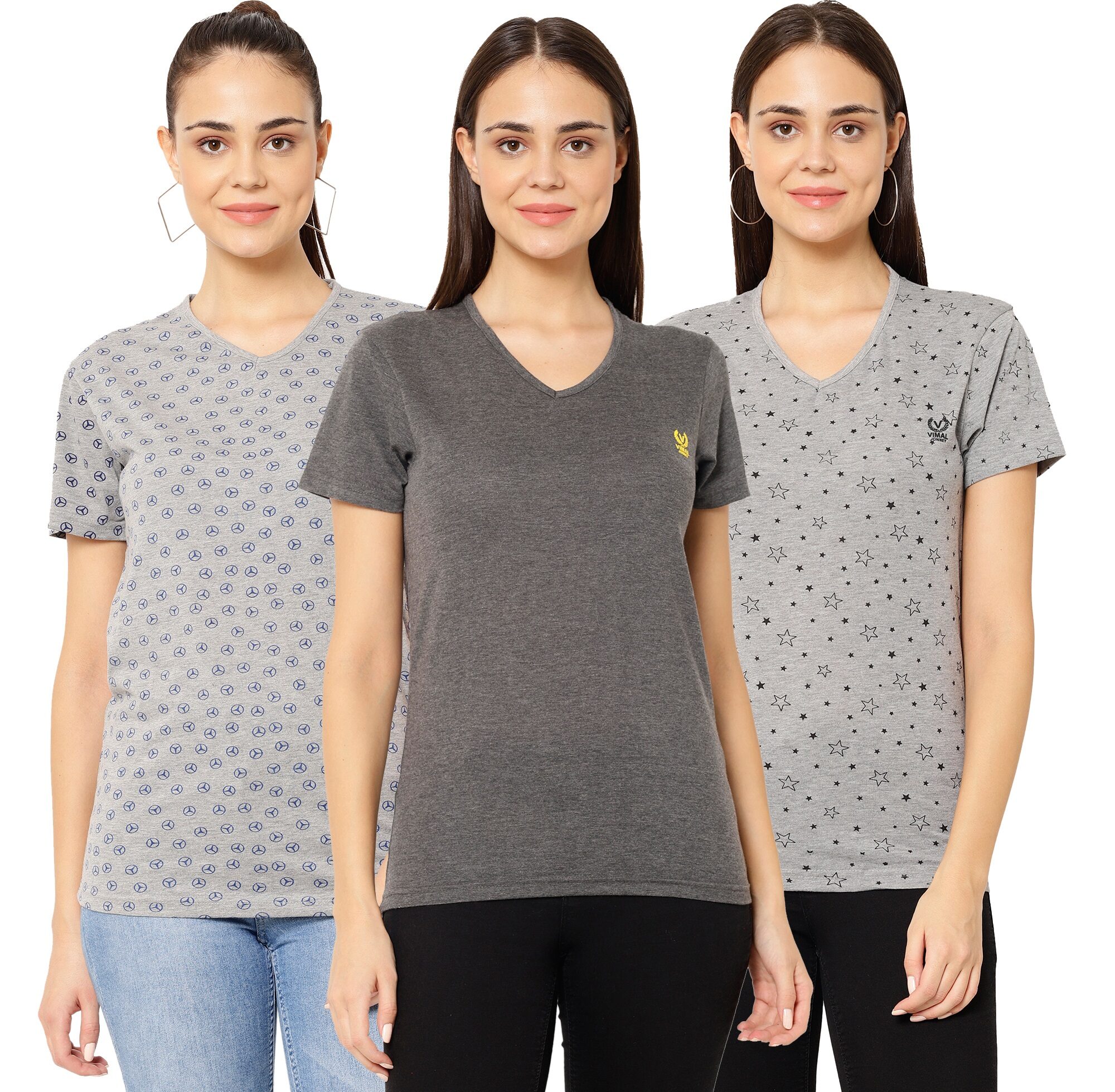 

VIMAL JONNEY Women Grey Regular fit V neck Cotton T shirt
