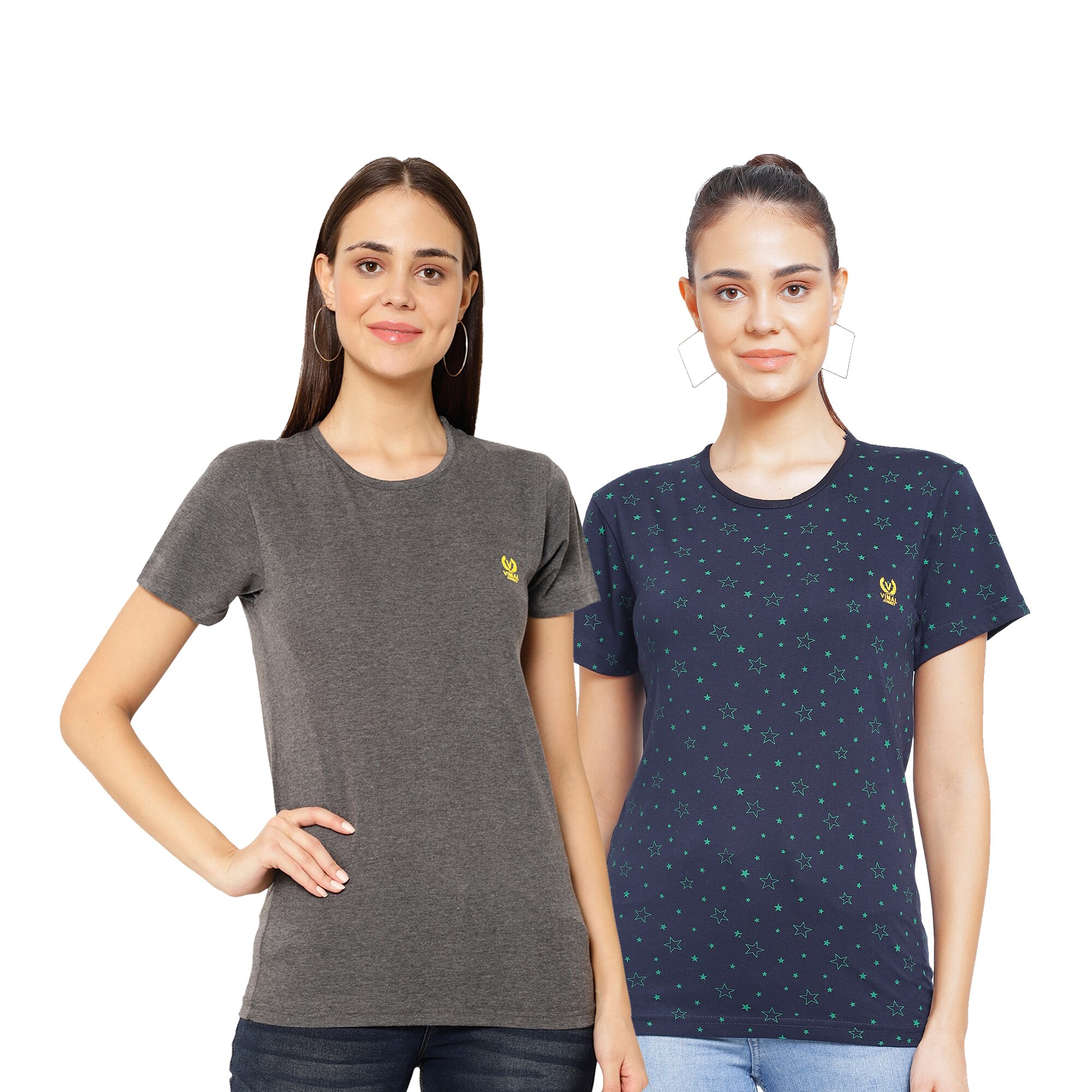 

VIMAL JONNEY Cotton Printed Grey Navy Blue Color T-Shirt For Women (Pack Of 2)