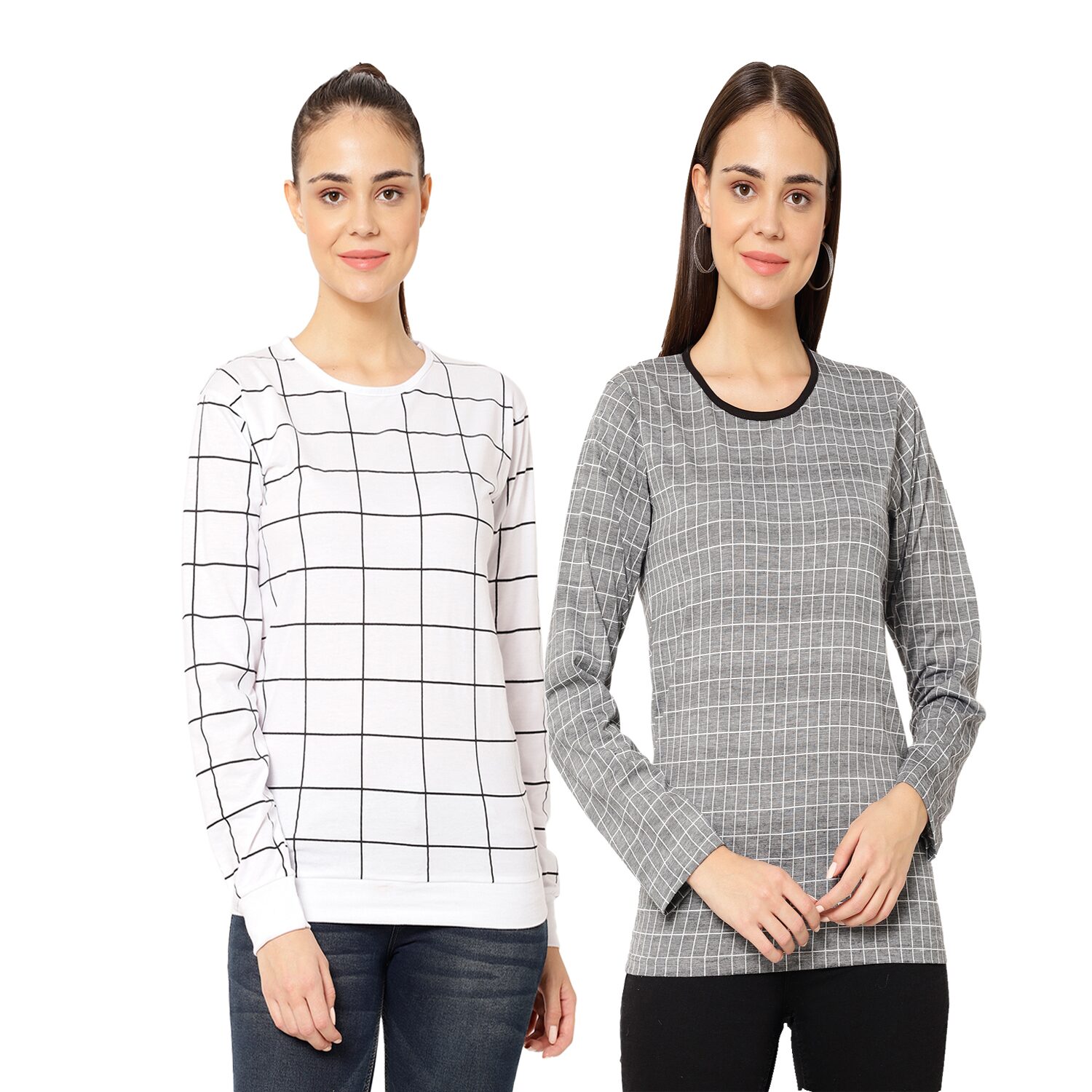 

VIMAL JONNEY Women White Grey Regular fit Round neck Cotton T shirt