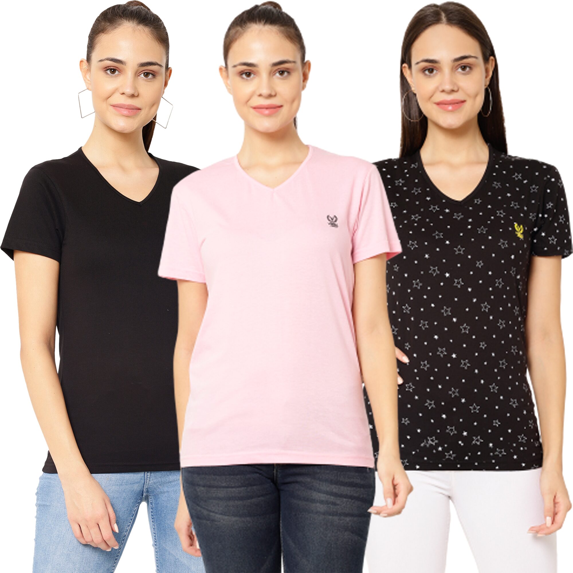 

VIMAL JONNEY Women Black Pink Regular fit V neck Cotton T shirt