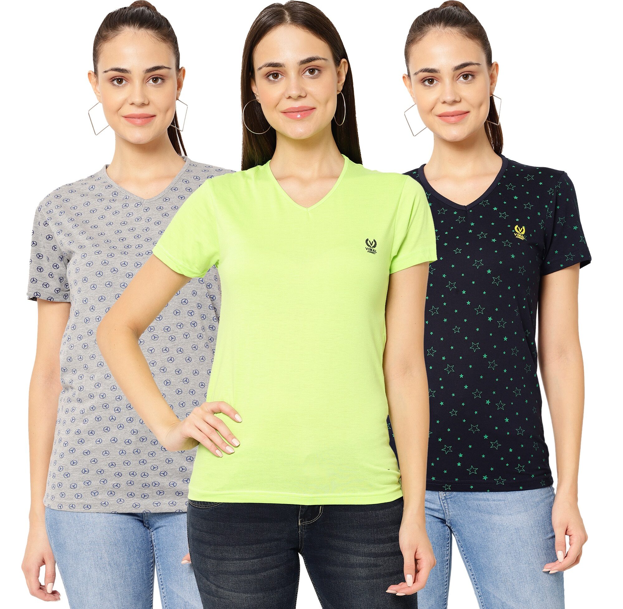 

VIMAL JONNEY Women Multi Regular fit V neck Cotton T shirt
